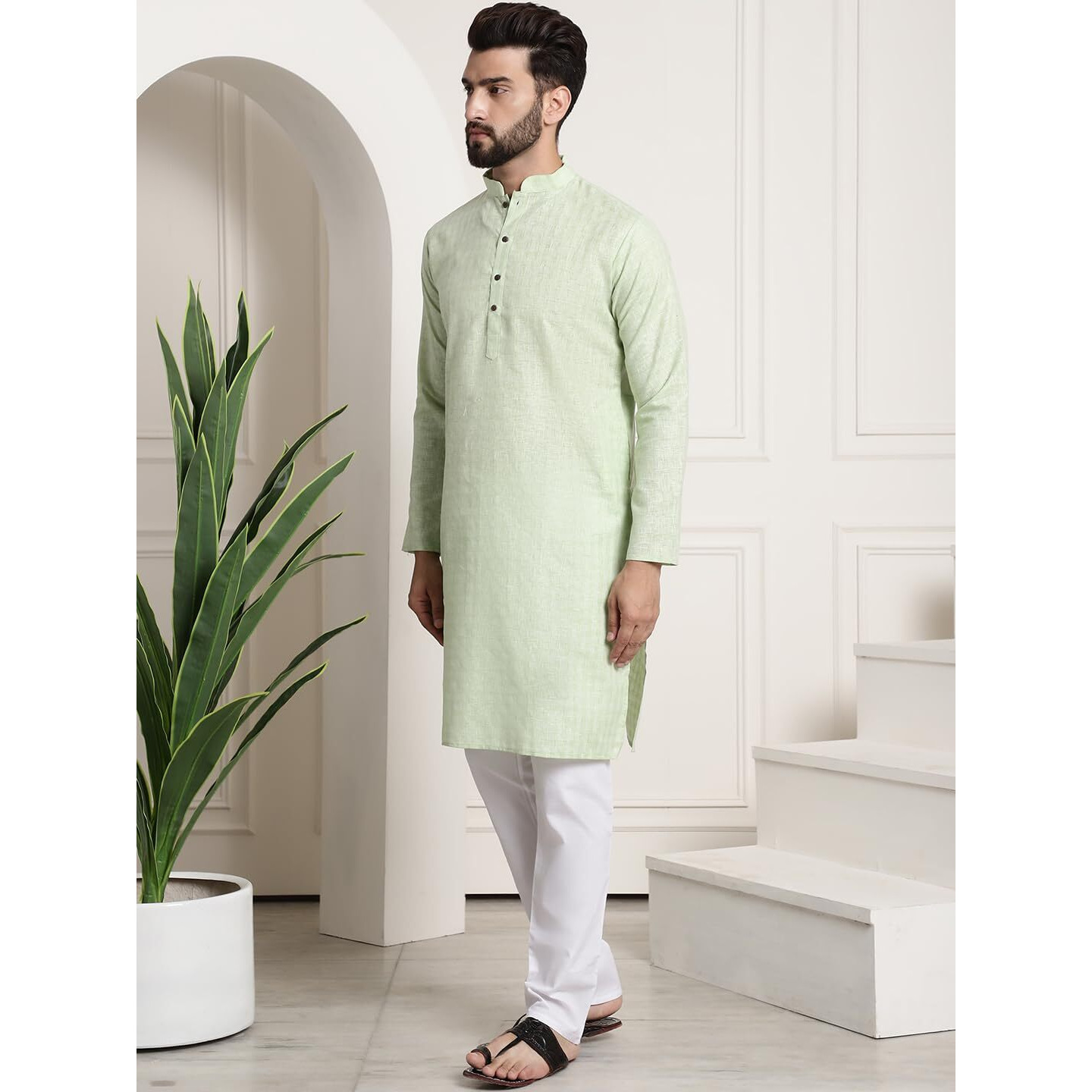 Sojanya (Since 1958 Men's Cotton Blend Green Checked Kurta And White Churidar Pyjama Set