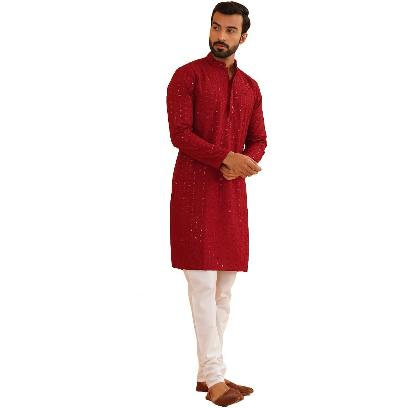 Sojanya (Since 1958 Men's Sequinned Embroidered Maroon Cotton Kurta And White Pyjama Set