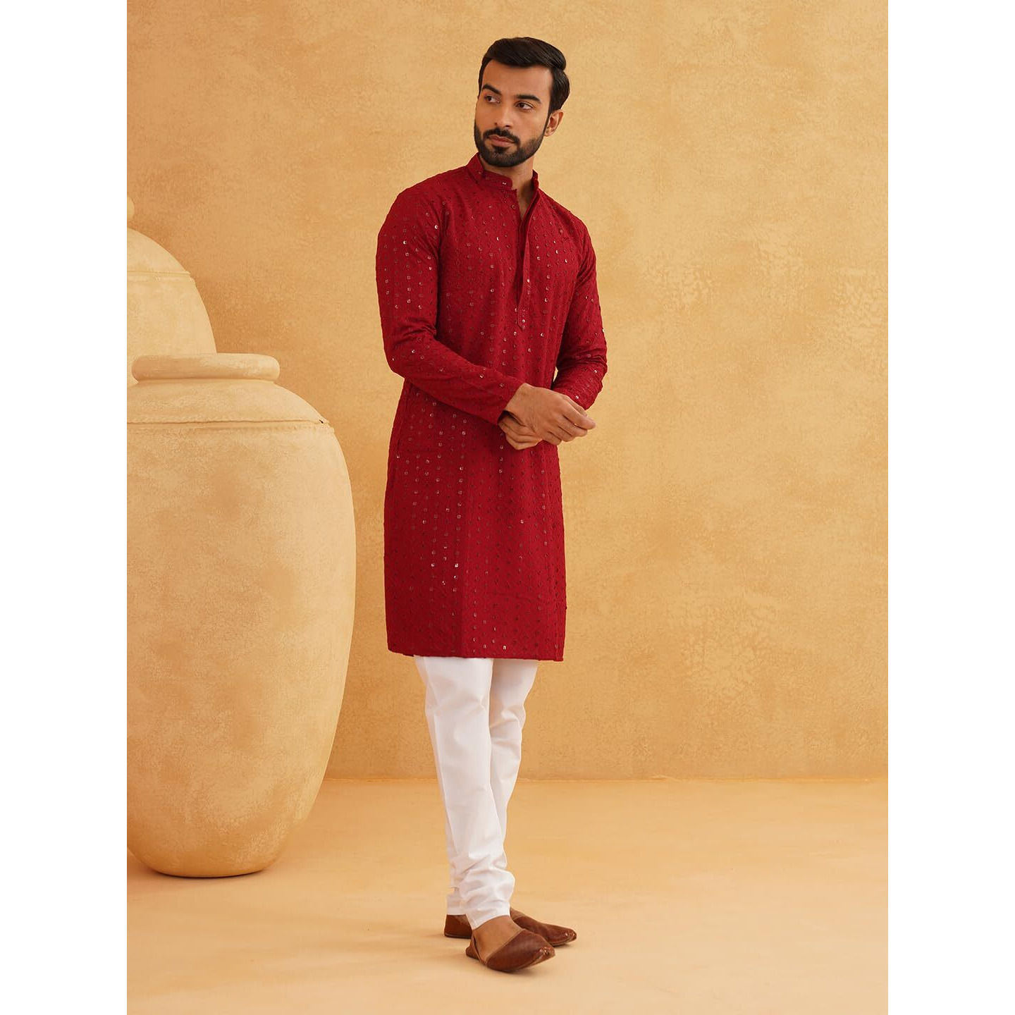 Sojanya (Since 1958 Men's Sequinned Embroidered Maroon Cotton Kurta And White Pyjama Set