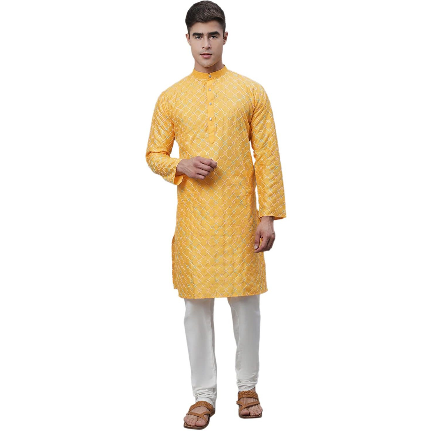Sojanya (Since 1958 Men's Silk Blend Mustard Kurta With Multi Color Embroidery And Cream Pyjama