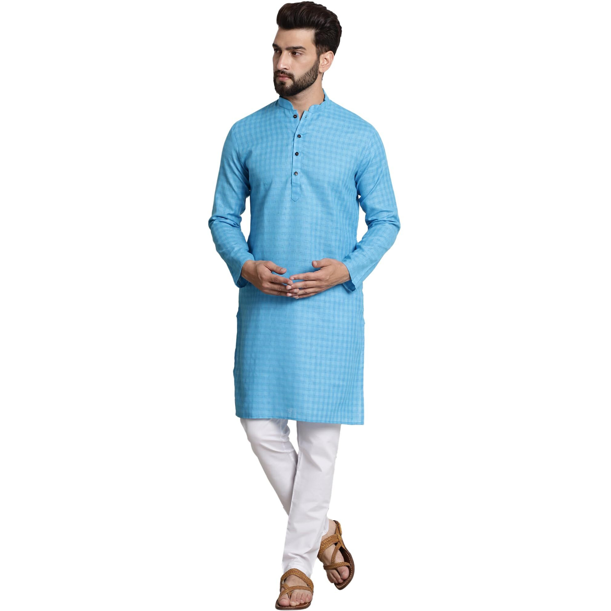 Sojanya (Since 1958 Men's Cotton Blend Peacock Blue Checked Kurta And White Churidar Pyjama Set