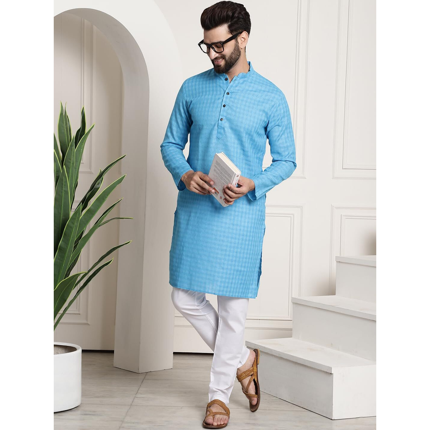 Sojanya (Since 1958 Men's Cotton Blend Peacock Blue Checked Kurta And White Churidar Pyjama Set