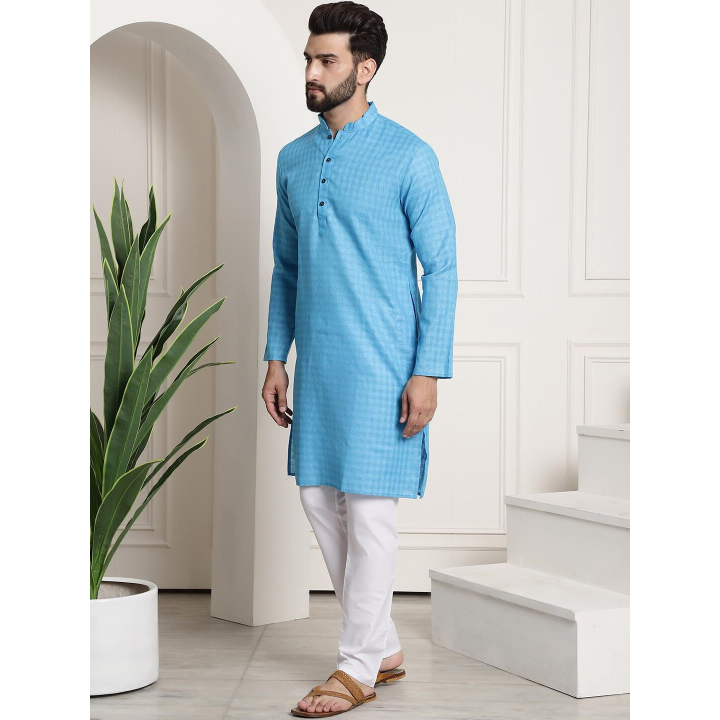 Sojanya (Since 1958 Men's Cotton Blend Peacock Blue Checked Kurta And White Churidar Pyjama Set