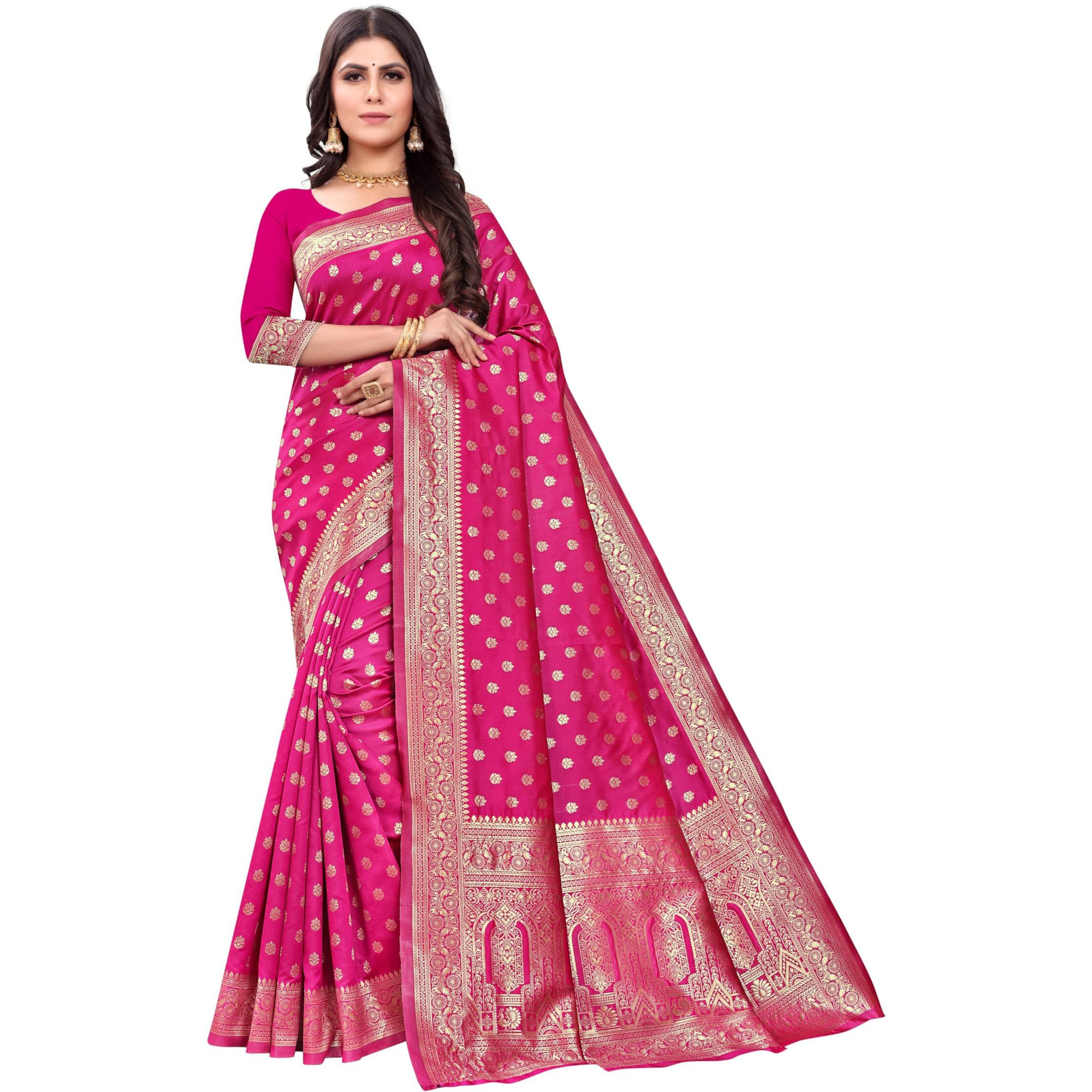 Sugathari Women's Banarasi Saree Pure Kanjivaram Silk Saree Soft New Ladies 2023 Design Wear Pattu Sarees Latest Cotton Party Sari Collections With Blouse Piece For Wedding Sadi (Sam Pari-124 Rani)
