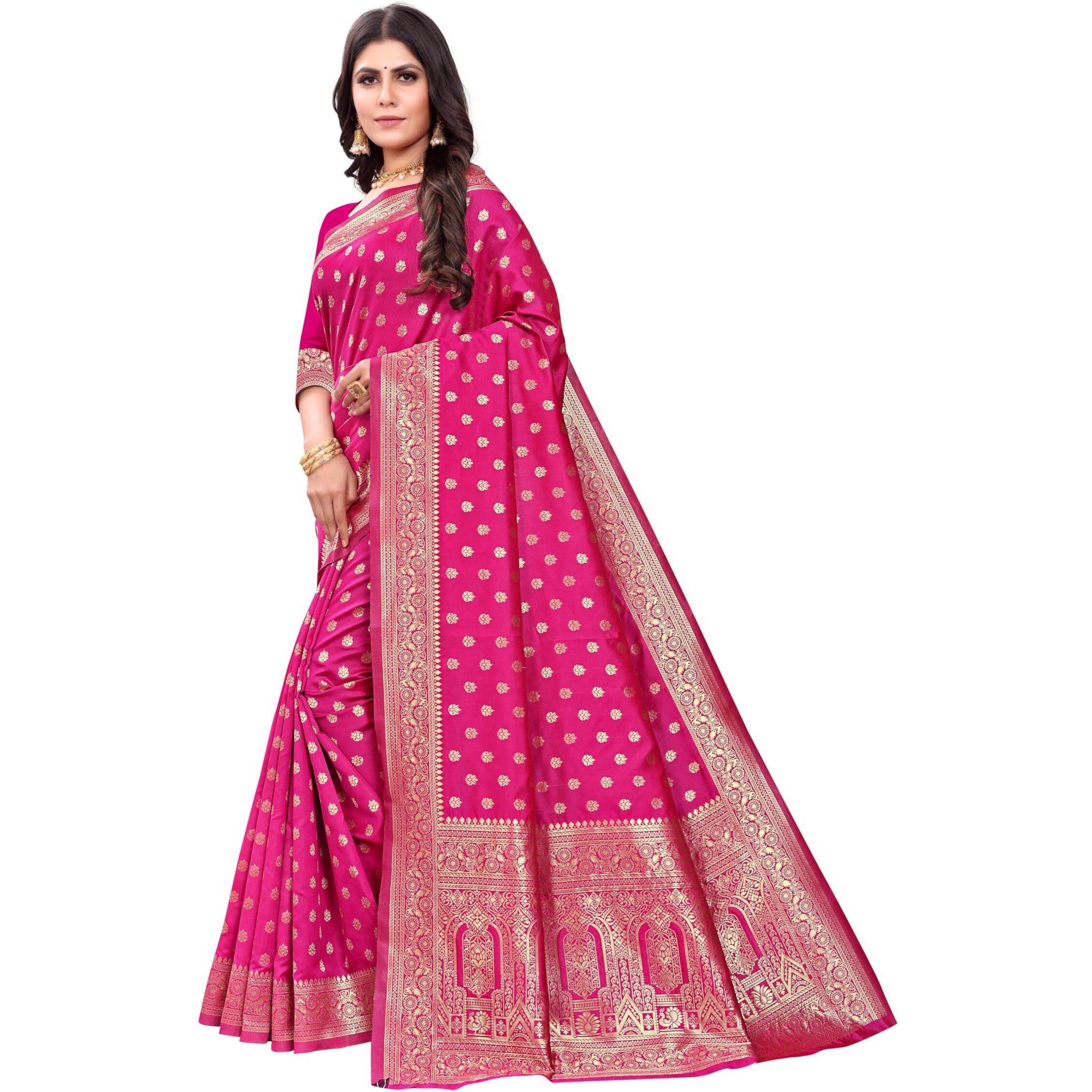 Sugathari Women's Banarasi Saree Pure Kanjivaram Silk Saree Soft New Ladies 2023 Design Wear Pattu Sarees Latest Cotton Party Sari Collections With Blouse Piece For Wedding Sadi (Sam Pari-124 Rani)