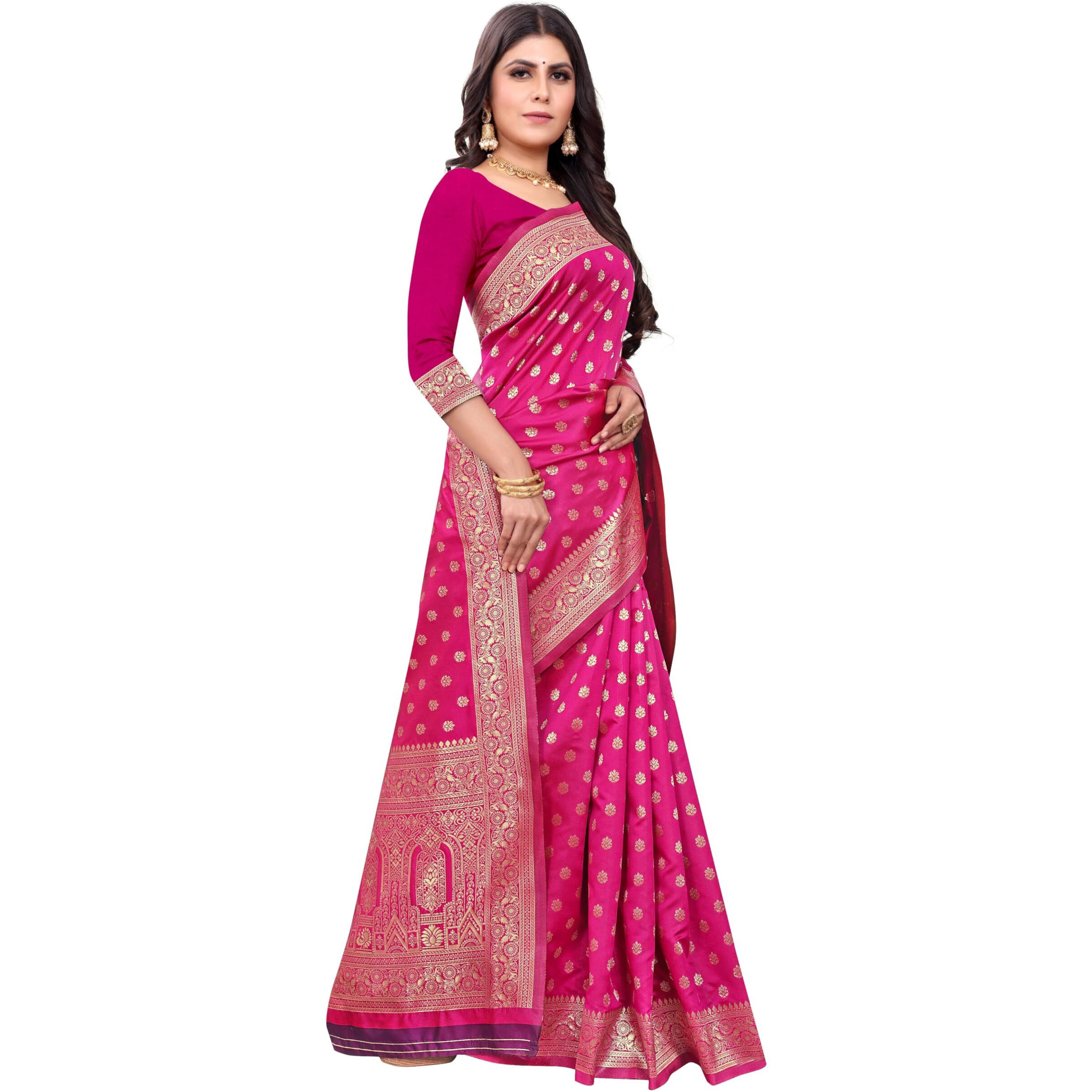 Sugathari Women's Banarasi Saree Pure Kanjivaram Silk Saree Soft New Ladies 2023 Design Wear Pattu Sarees Latest Cotton Party Sari Collections With Blouse Piece For Wedding Sadi (Sam Pari-124 Rani)