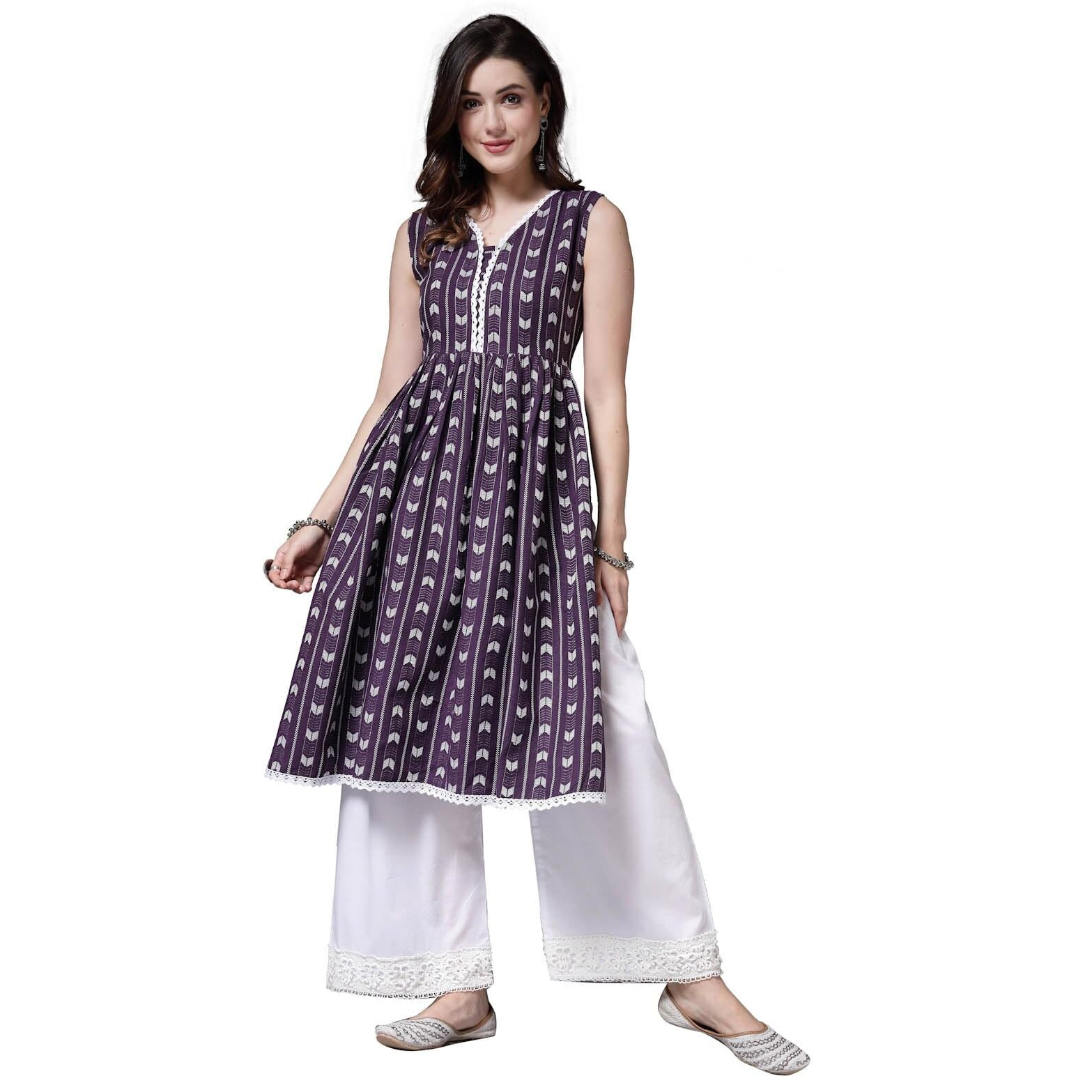 Stylum Women's Self Designed Cotton Blend Naira Cut Kurta (Rasin38_Purple, M)