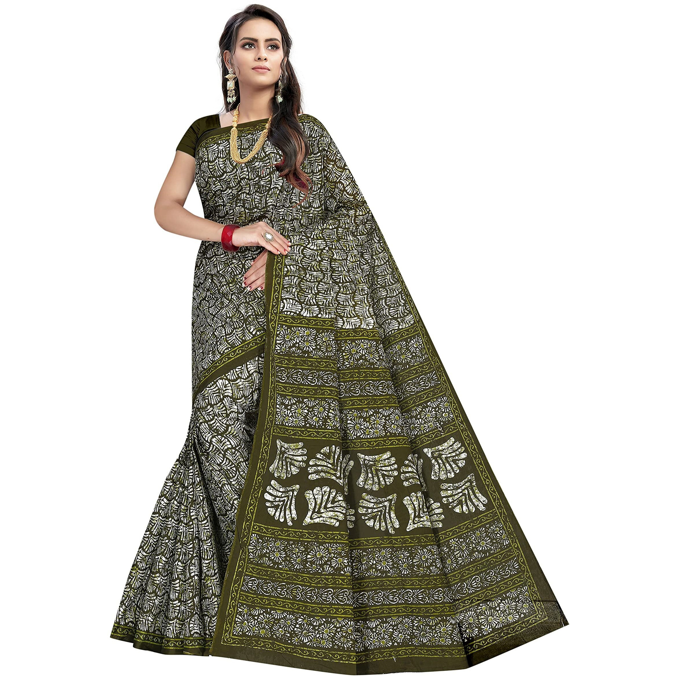 Tamaira Fashion Women's Plain Weave Pure Cotton Saree Without Blouse Piece(1654_Mehndigreen)