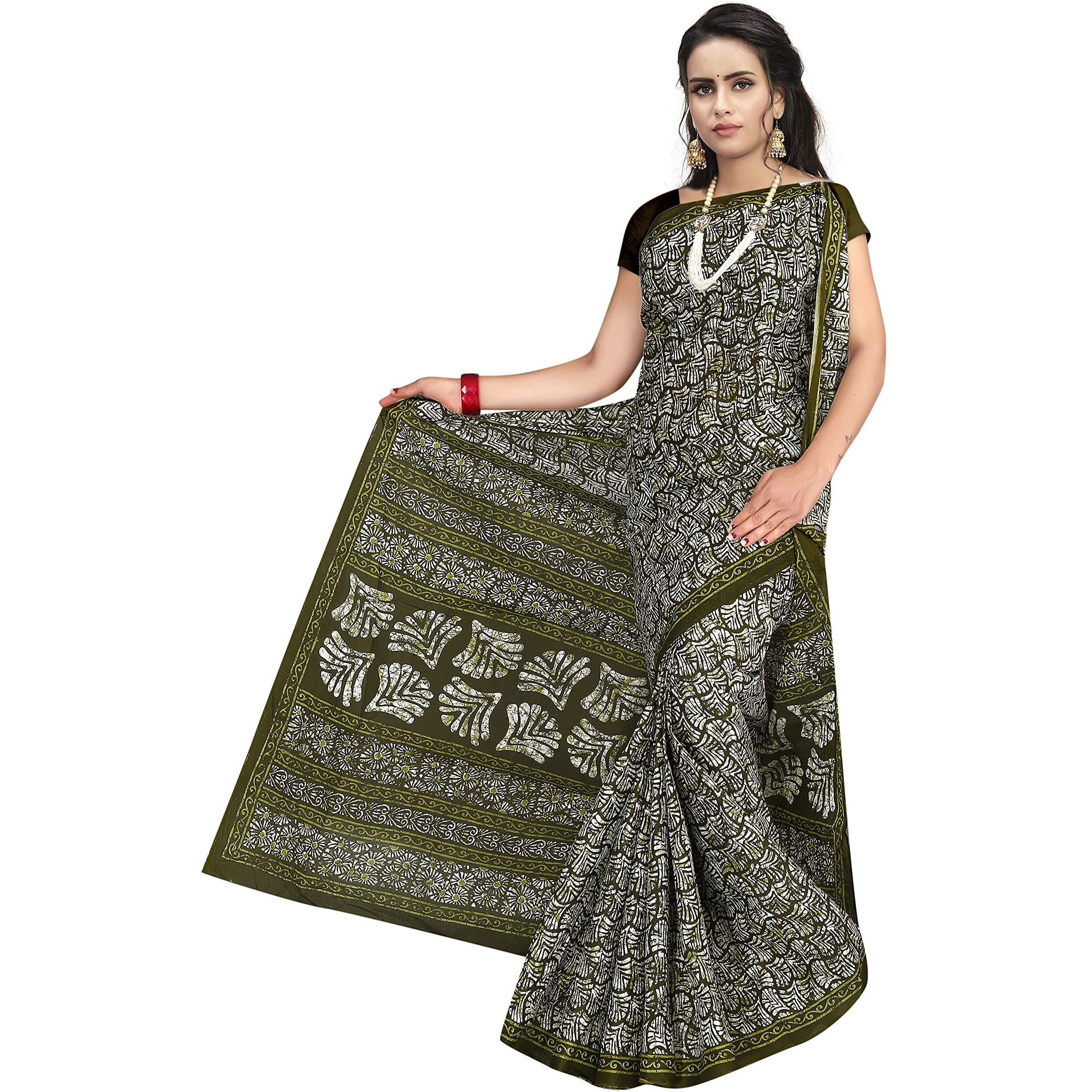Tamaira Fashion Women's Plain Weave Pure Cotton Saree Without Blouse Piece(1654_Mehndigreen)