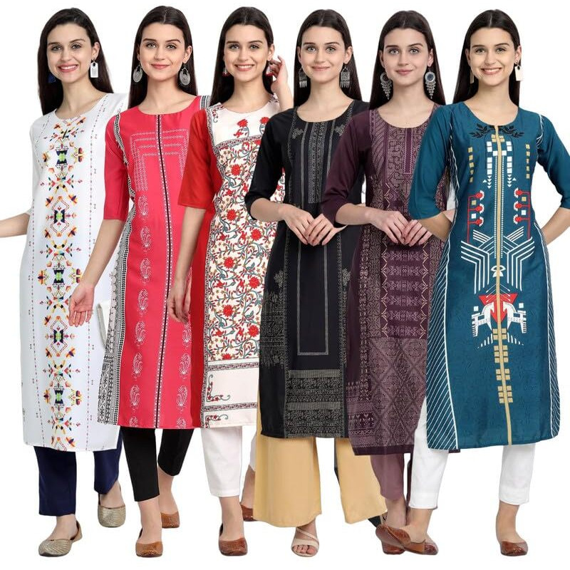 Pinkmint Elegant Printed Crepe Kurti's For Women's Ll Fashionable Kurti Ll Stright Round Neck Kurti (Pack Of 6)