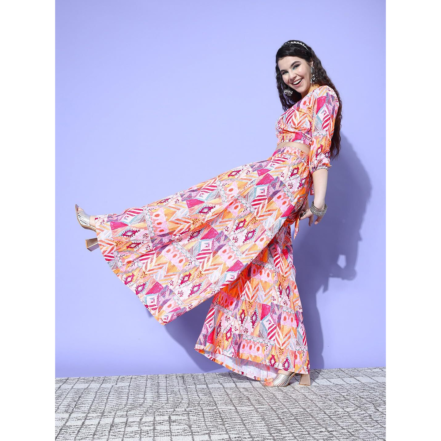 Varanga Women Multi Colour Abstract Printed Wrap Top Paired With Tonal Printed Flared Bottom