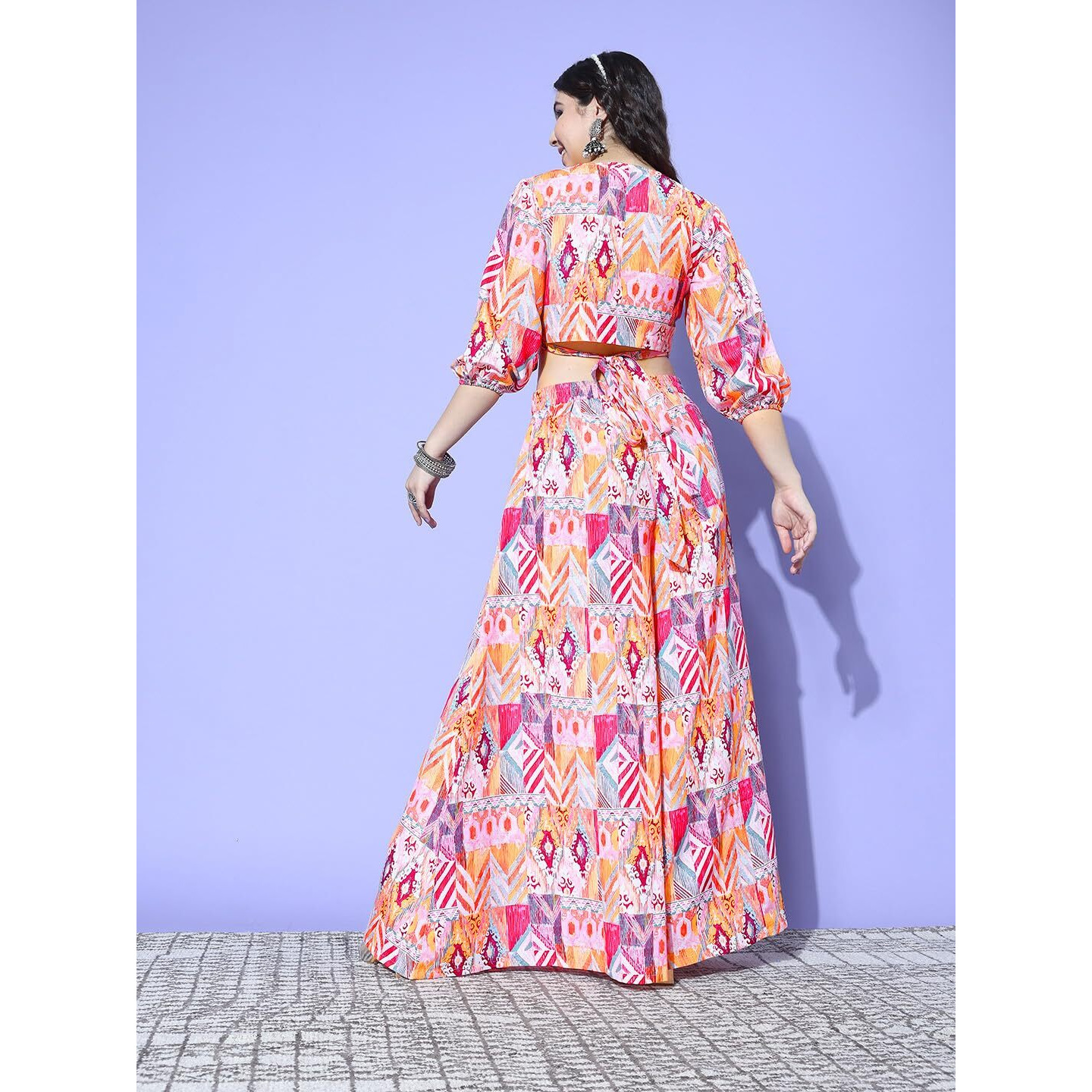 Varanga Women Multi Colour Abstract Printed Wrap Top Paired With Tonal Printed Flared Bottom