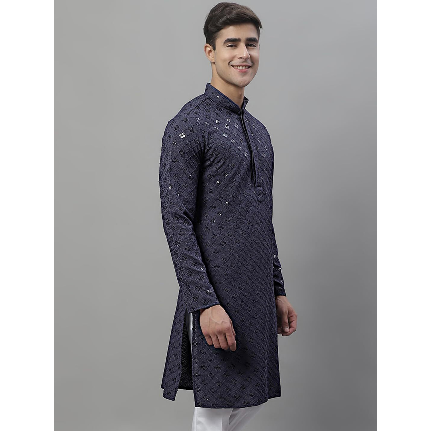 Jompers Men's Chikankari Embroidered And Sequence Kurtas Only (Grey, Xl)