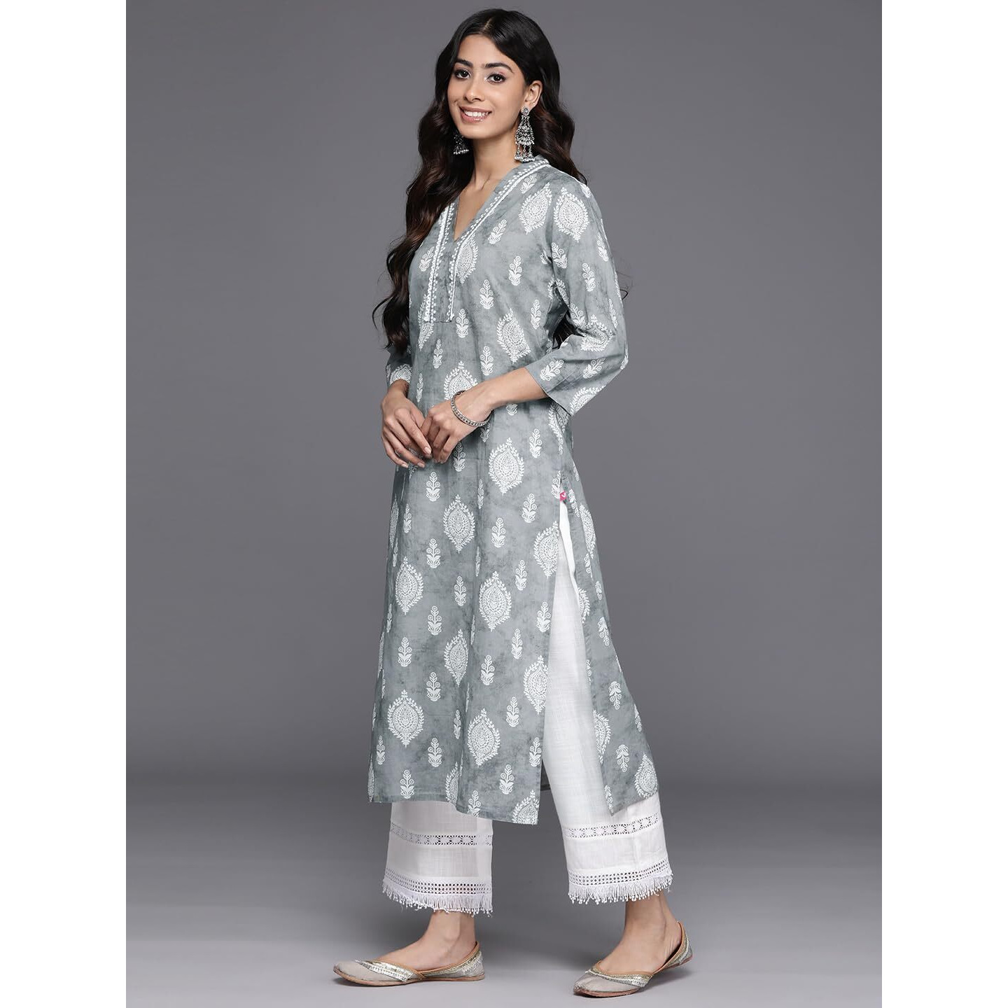 Varanga Women Grey 3/4Th Sleeve V-Neck Collared Kurta - Stylish & Comfortable (Medium)