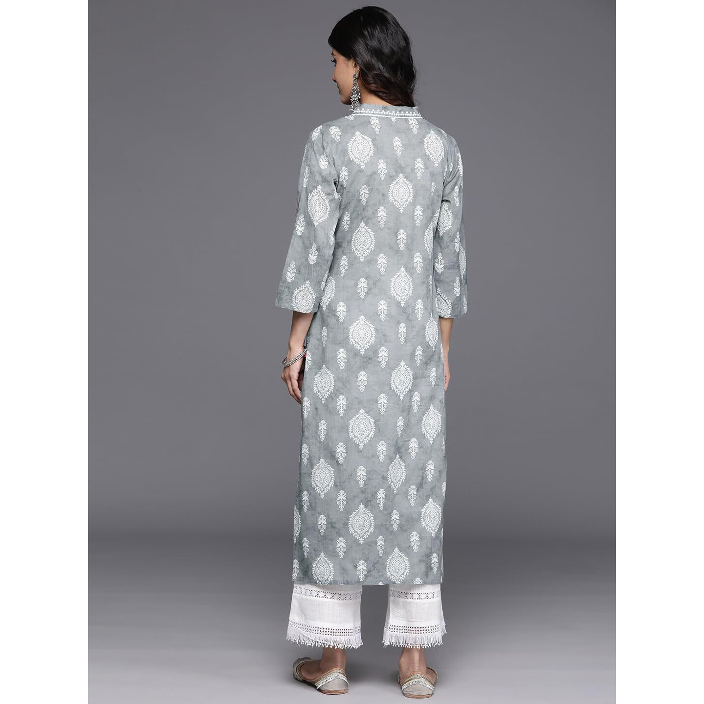 Varanga Women Grey 3/4Th Sleeve V-Neck Collared Kurta - Stylish & Comfortable (Medium)