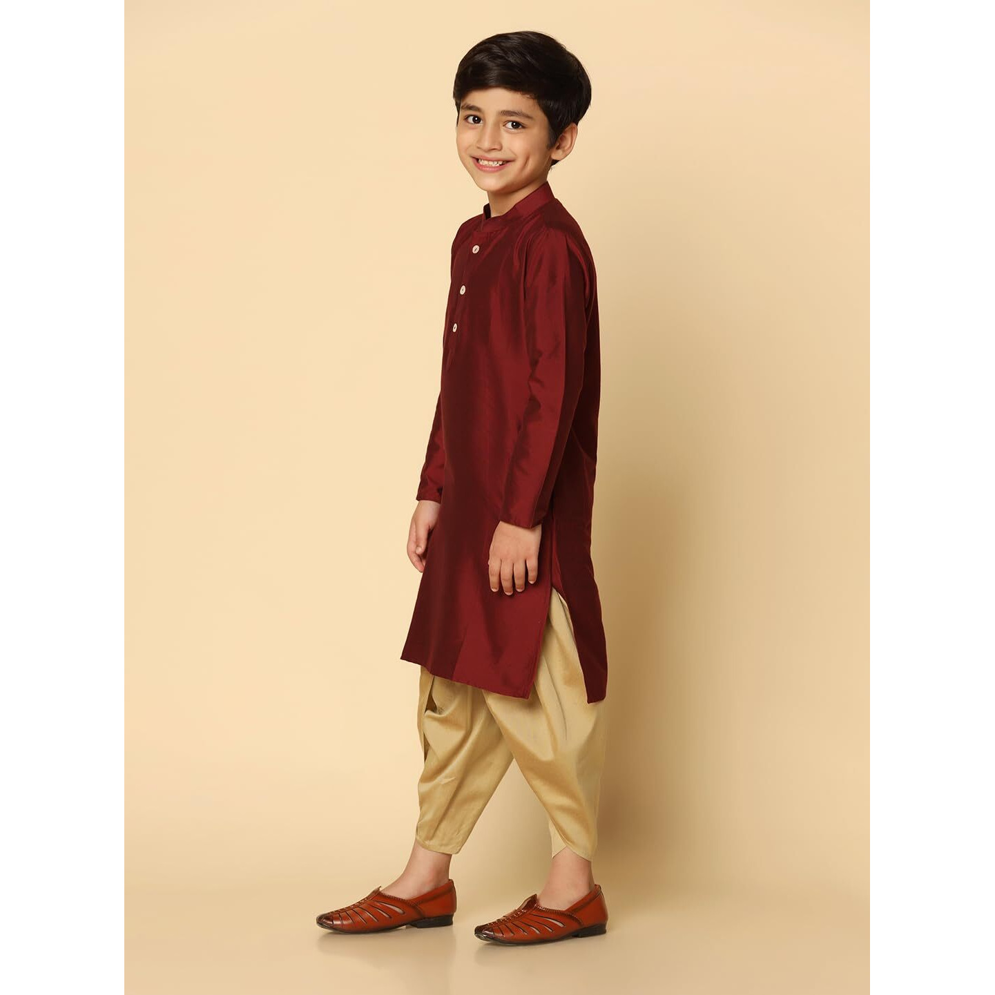 Kisah Kid's Cotton Full Sleeves Regular Fit Knee Length Solid Maroon Kurta (9-10Y)