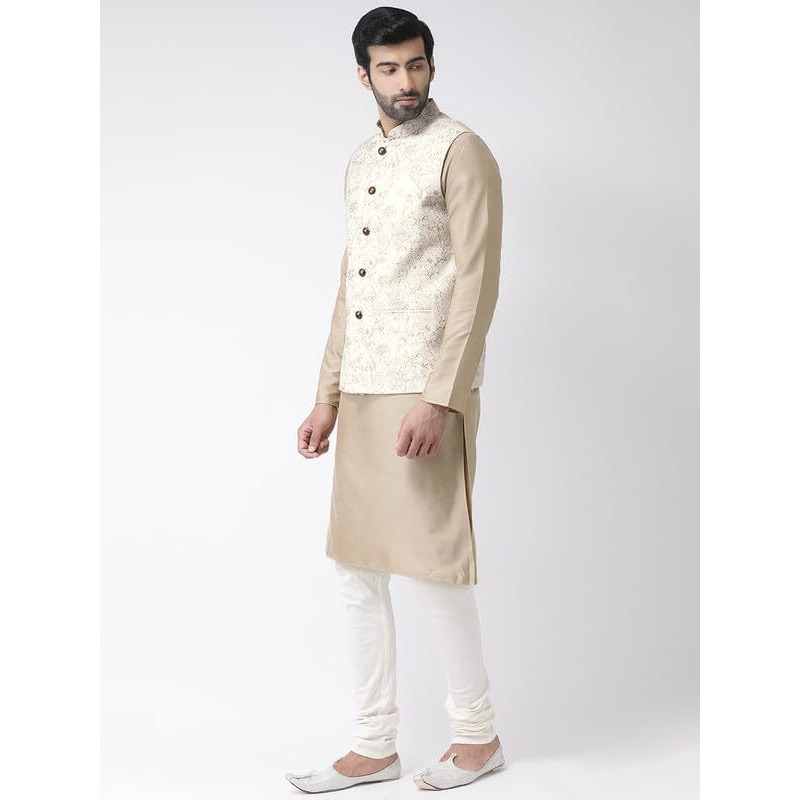 Kisah Men's Kurta Jacket Churidar Set, Off White Cotton Blend, Printed Regular Fit Mandarin Collar Long Sleeves (38)