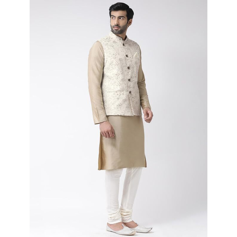 Kisah Men's Kurta Jacket Churidar Set, Off White Cotton Blend, Printed Regular Fit Mandarin Collar Long Sleeves (38)