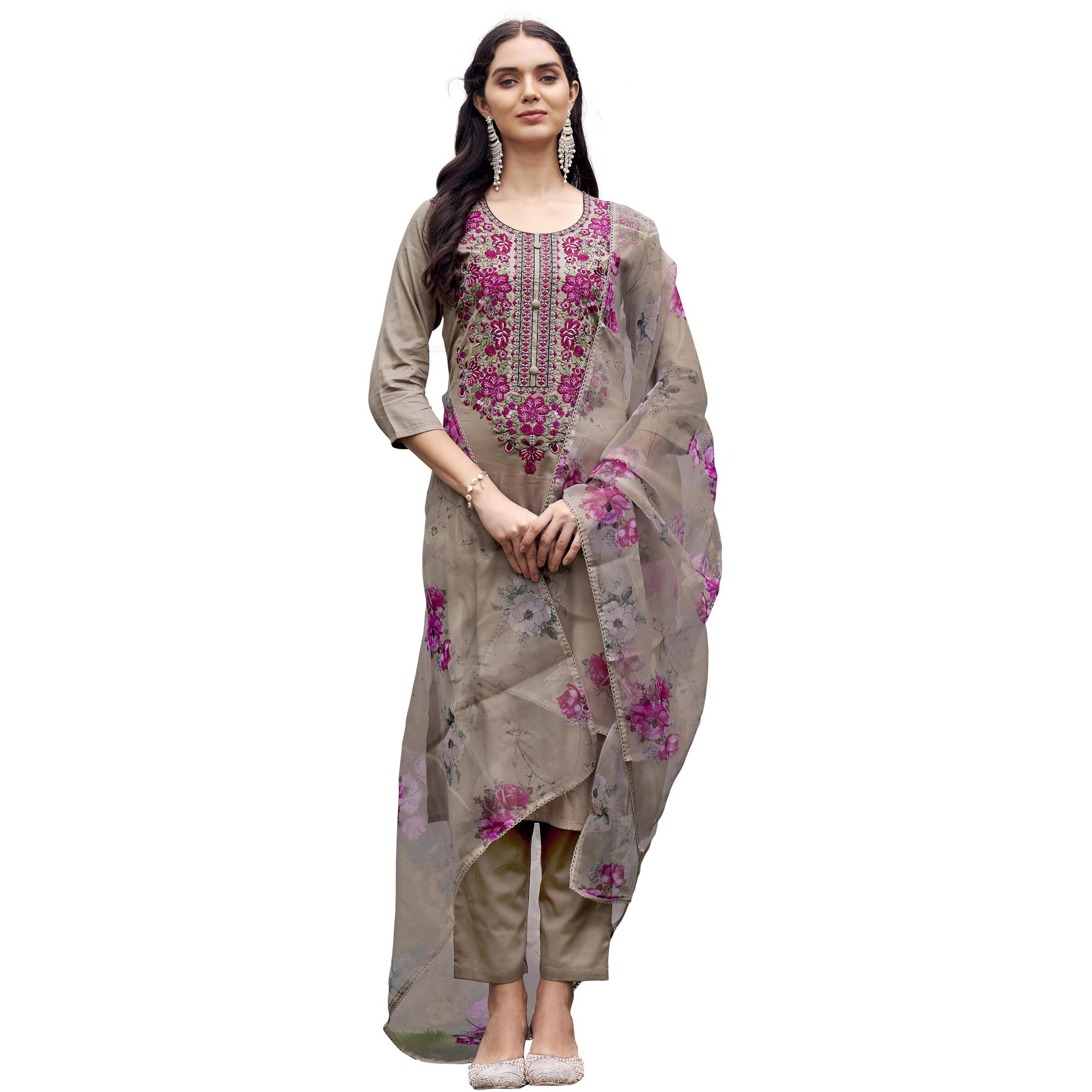 Womanista Women's Beige Color Cotton Blend Multi Embroidered Regular Fit Kurta Set With Printed Organza Dupatta(Kurtaset_1340_S)