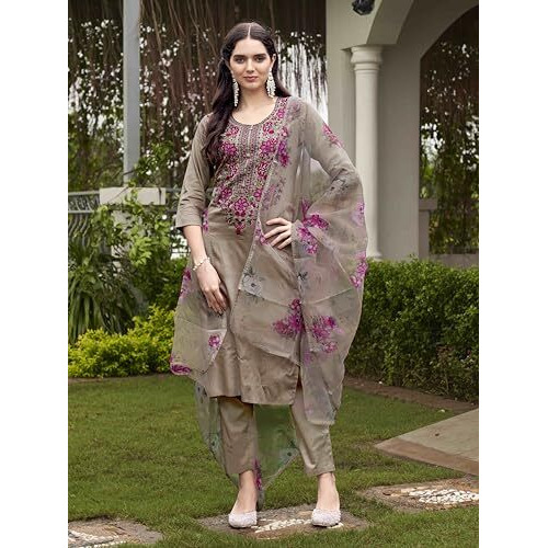 Womanista Women's Beige Color Cotton Blend Multi Embroidered Regular Fit Kurta Set With Printed Organza Dupatta(Kurtaset_1340_S)
