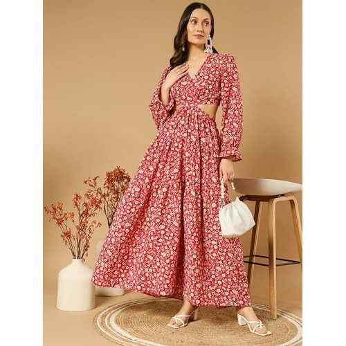 Kzully Women's Rayon A-Line Maxi Dress (Sfs_2001_Red_Rose_L_Print Peach