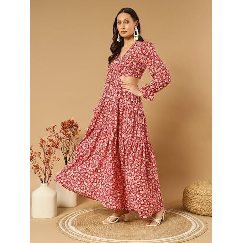 Kzully Women's Rayon A-Line Maxi Dress (Sfs_2001_Red_Rose_L_Print Peach