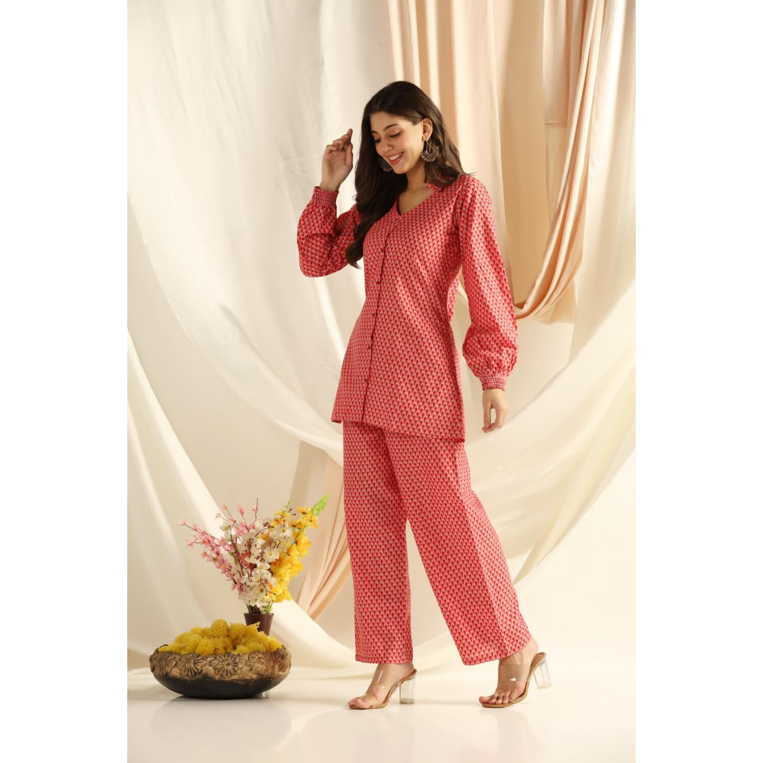 Leriya Fashion Ethnic Co Ord Set | Casual Wear Pant Top Set | Fancy Co-Ord Set | Full Pair Set | Women Kurta Sets Kurtis | Pack Of 2 | Women Kurti Set With Pant (Small, Pink)
