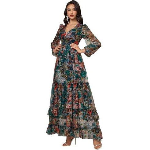 Litzo Women's Georgette A-Line Maxi Dress (L-31-L_Green