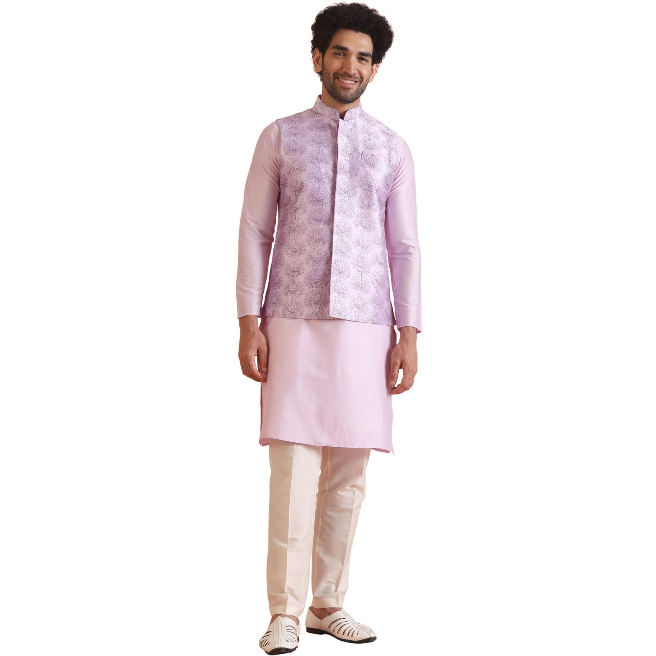 Kisah Men's Kurta Jacket Trouser Set, Lavender Art Silk, Embellished Full Sleeves Regular Fit Mandarin Collar (Xl)