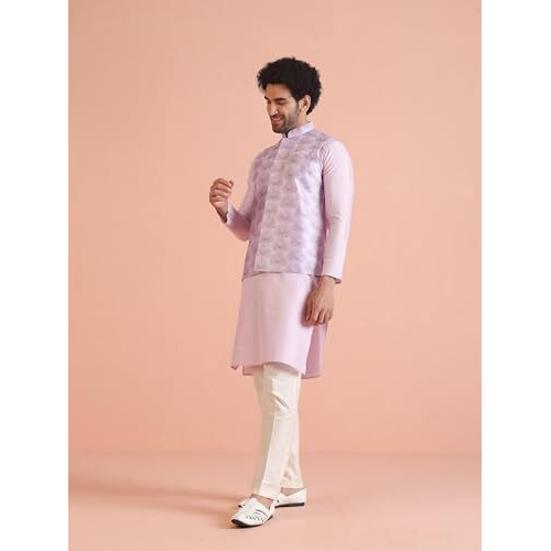 Kisah Men's Kurta Jacket Trouser Set, Lavender Art Silk, Embellished Full Sleeves Regular Fit Mandarin Collar (Xl)