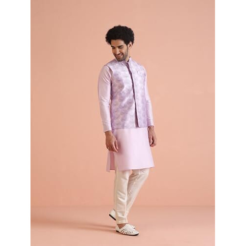 Kisah Men's Kurta Jacket Trouser Set, Lavender Art Silk, Embellished Full Sleeves Regular Fit Mandarin Collar (Xl)