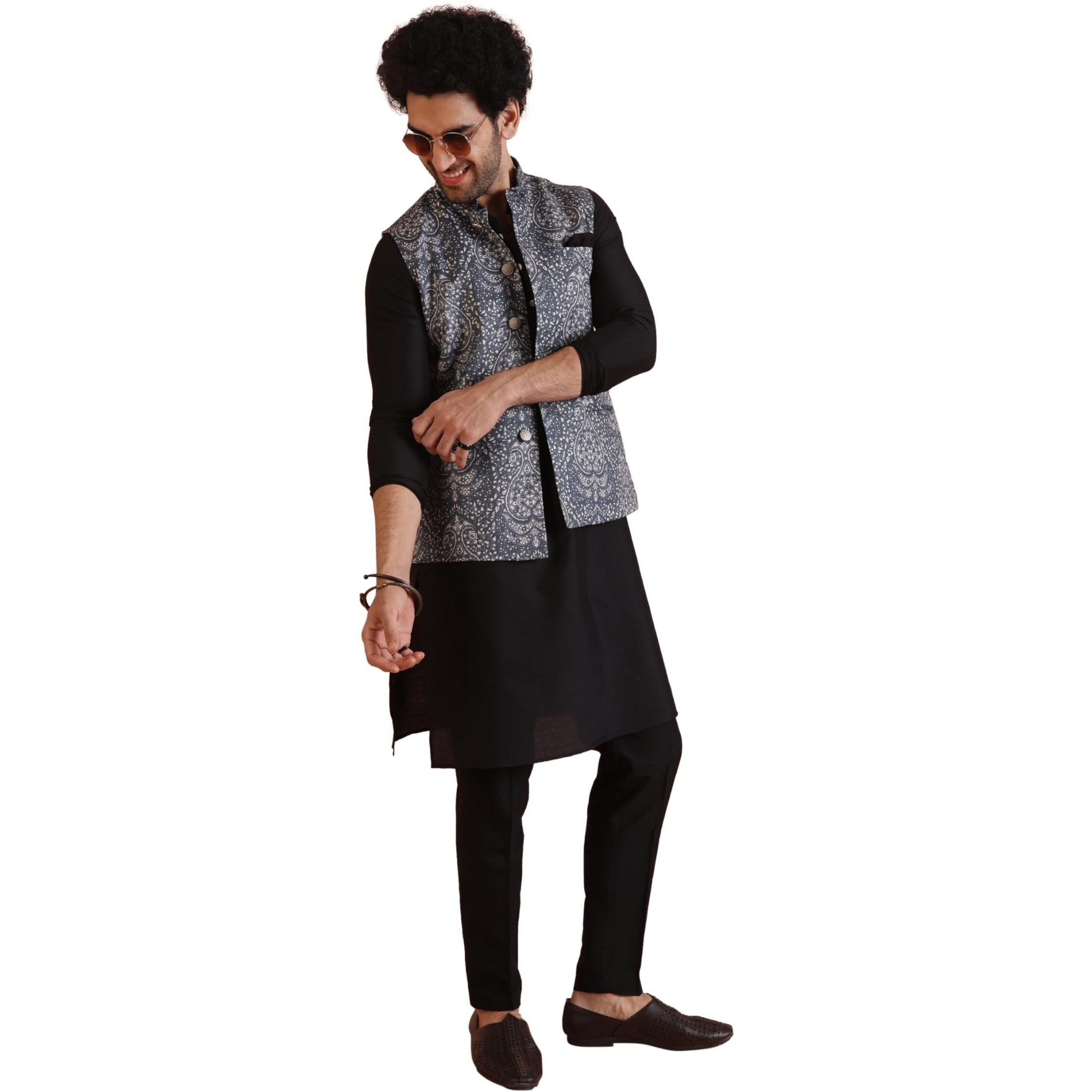 Kisah Men's Kurta Jacket Trouser Set, Black Cotton Blend, Floral Regular Fit Long Sleeves Mandarin Collar (L)