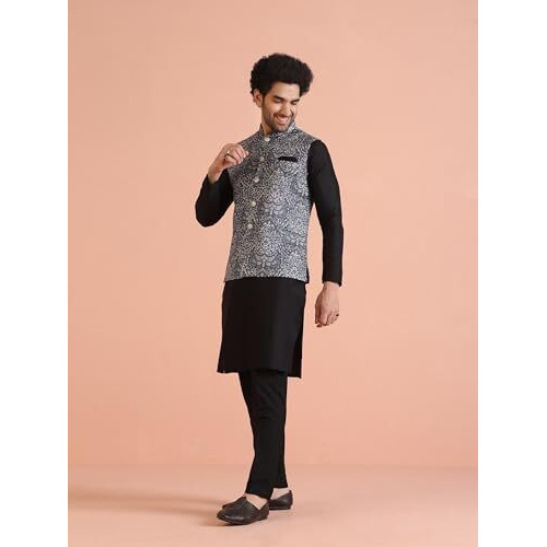 Kisah Men's Kurta Jacket Trouser Set, Black Cotton Blend, Floral Regular Fit Long Sleeves Mandarin Collar (L)