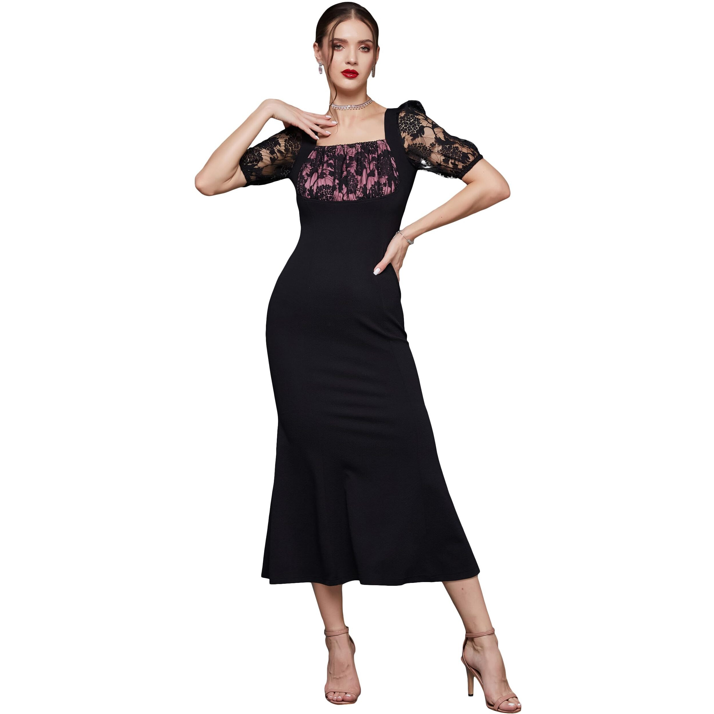 Miss Chase Women's Square Puff Sleeve Solid Lace Overlaid Ankle Length Dress (Mcss23D79-01-62-06, Black, Xl)