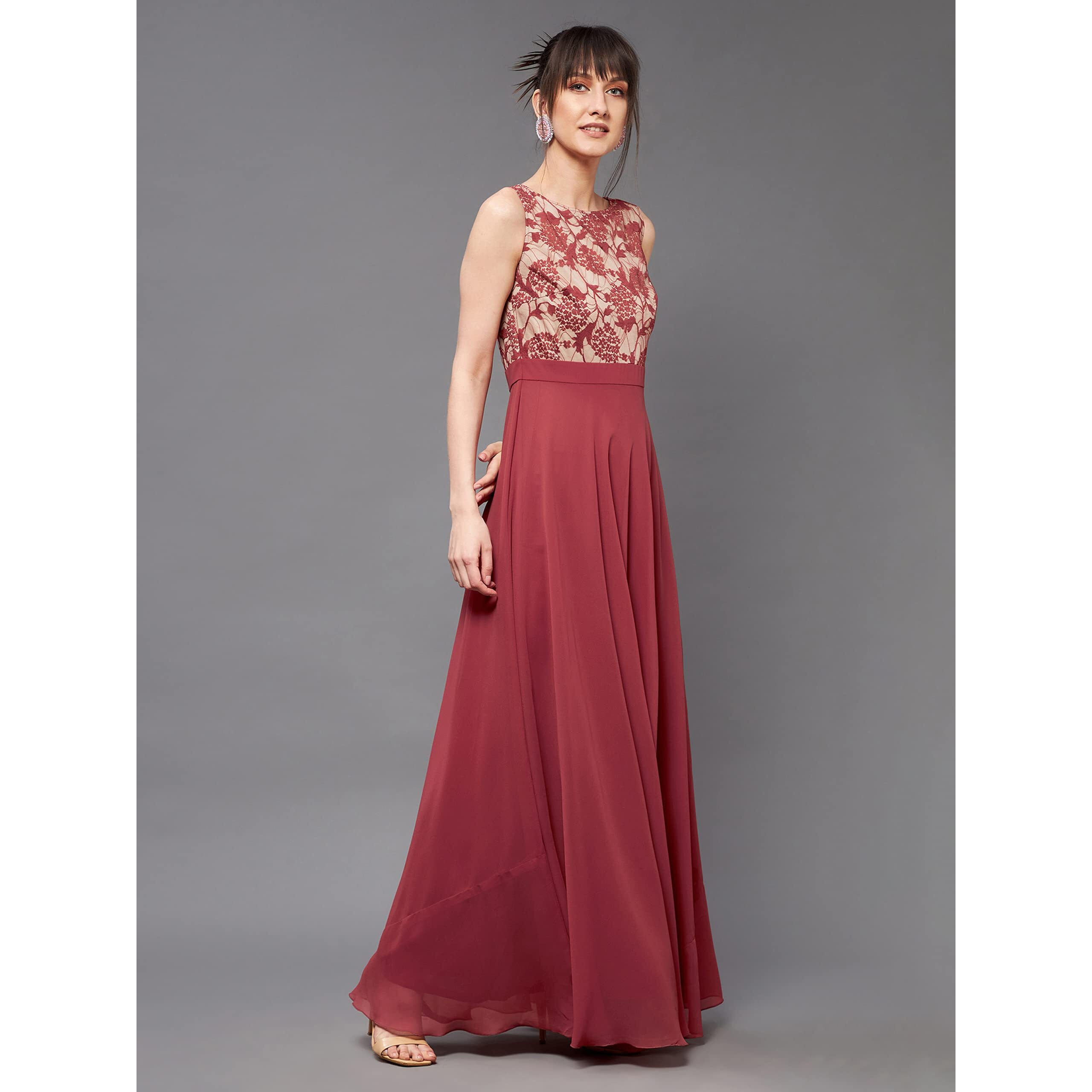 Miss Chase Women's Round Neck Sleeveless Georgette Floral Lace Fit & Flare Maxi Dress