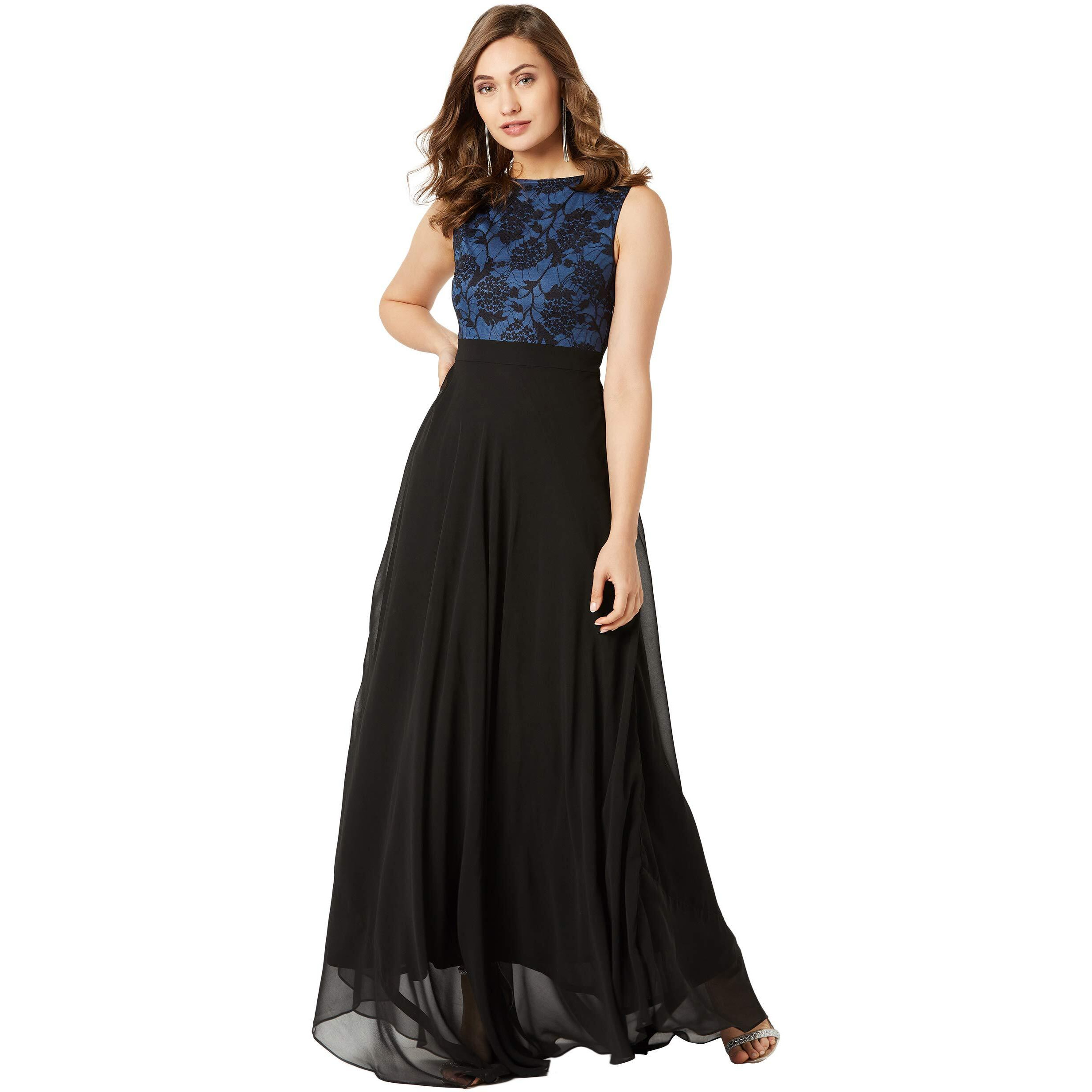 Miss Chase Women's Round Neck Sleeveless Georgette Floral Lace Fit & Flare Maxi Dress