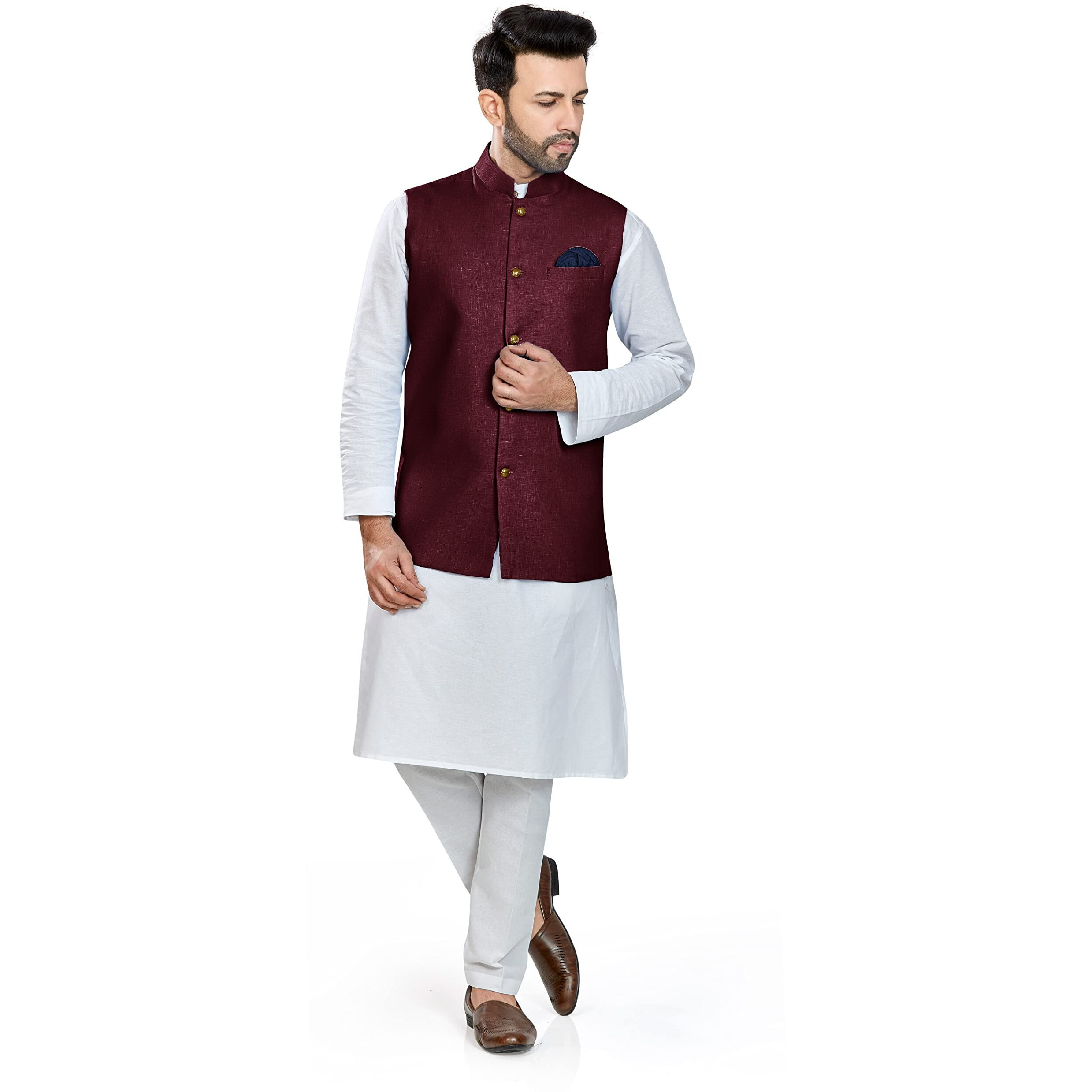 Be Active Men's Linen Blend Nehru Jacket With Mandarin Collar || Ethnic Koti For Men || Men Koti Formal|| Men Koti Wedding (Rfkt0001-18 (Maroon)-Xl)