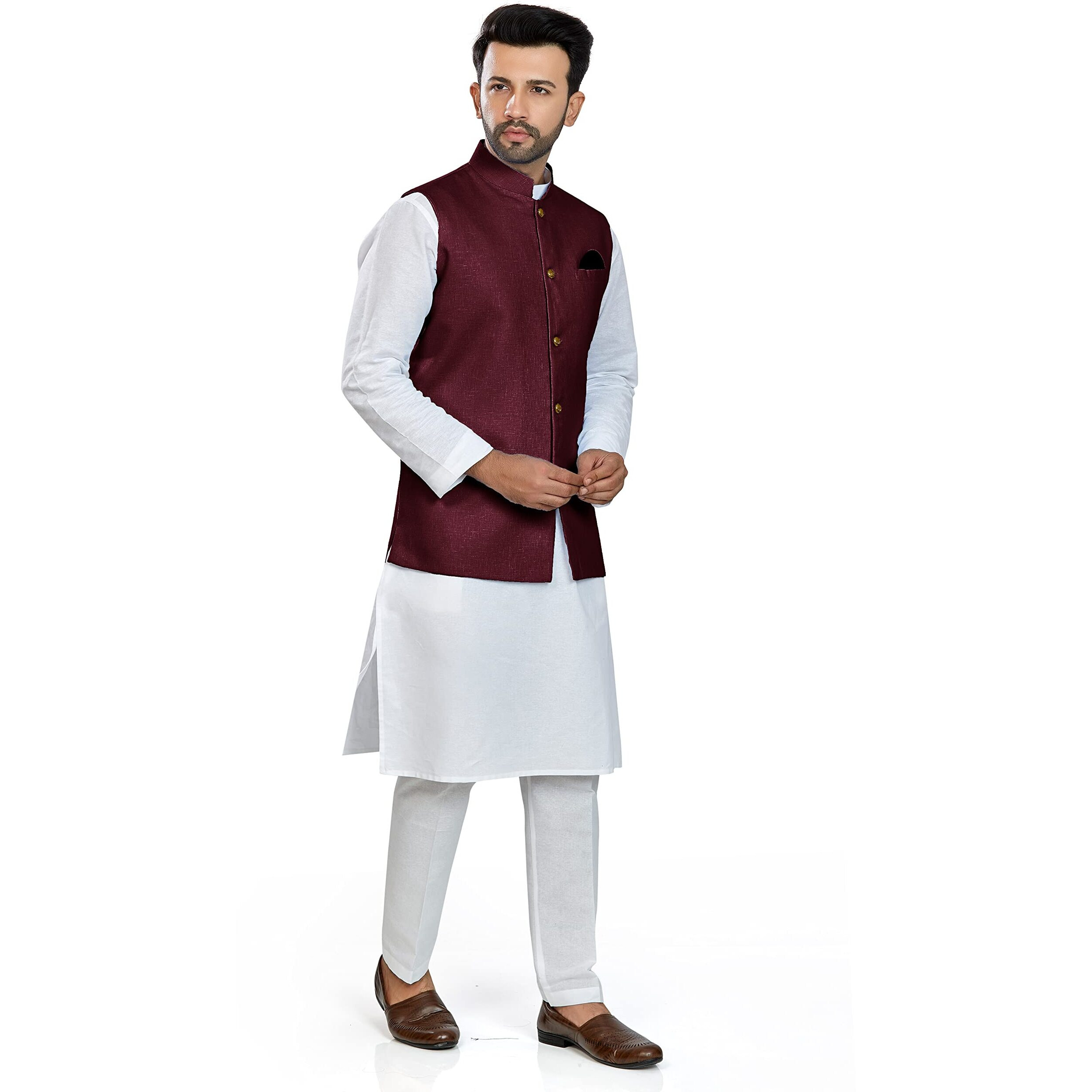 Be Active Men's Linen Blend Nehru Jacket With Mandarin Collar || Ethnic Koti For Men || Men Koti Formal|| Men Koti Wedding (Rfkt0001-18 (Maroon)-Xl)