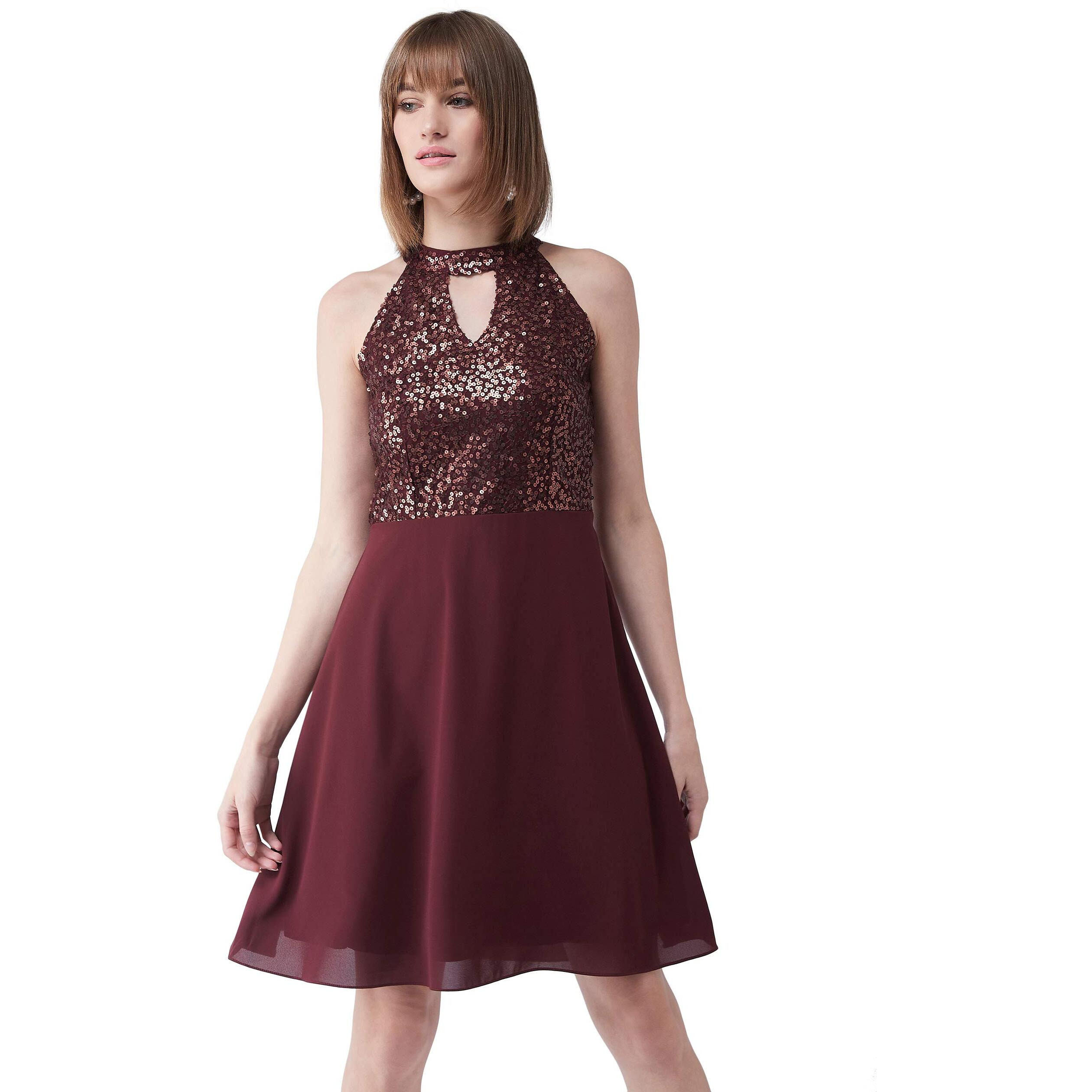 Miss Chase Women's Flowy Sequin Georgette Skater Dress(Mcss18D10-61-184-03,Wine Red,Small)