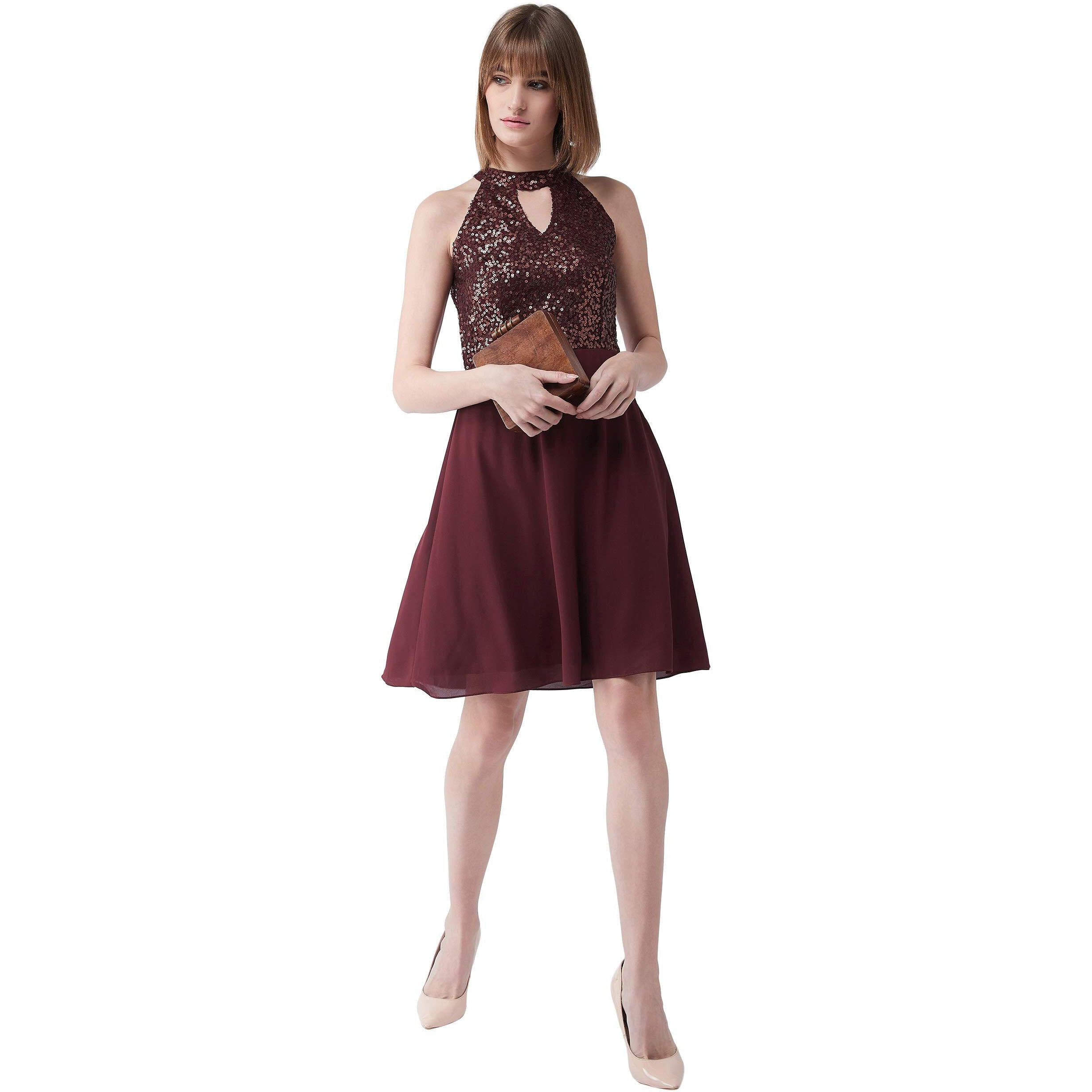 Miss Chase Women's Flowy Sequin Georgette Skater Dress(Mcss18D10-61-184-03,Wine Red,Small)