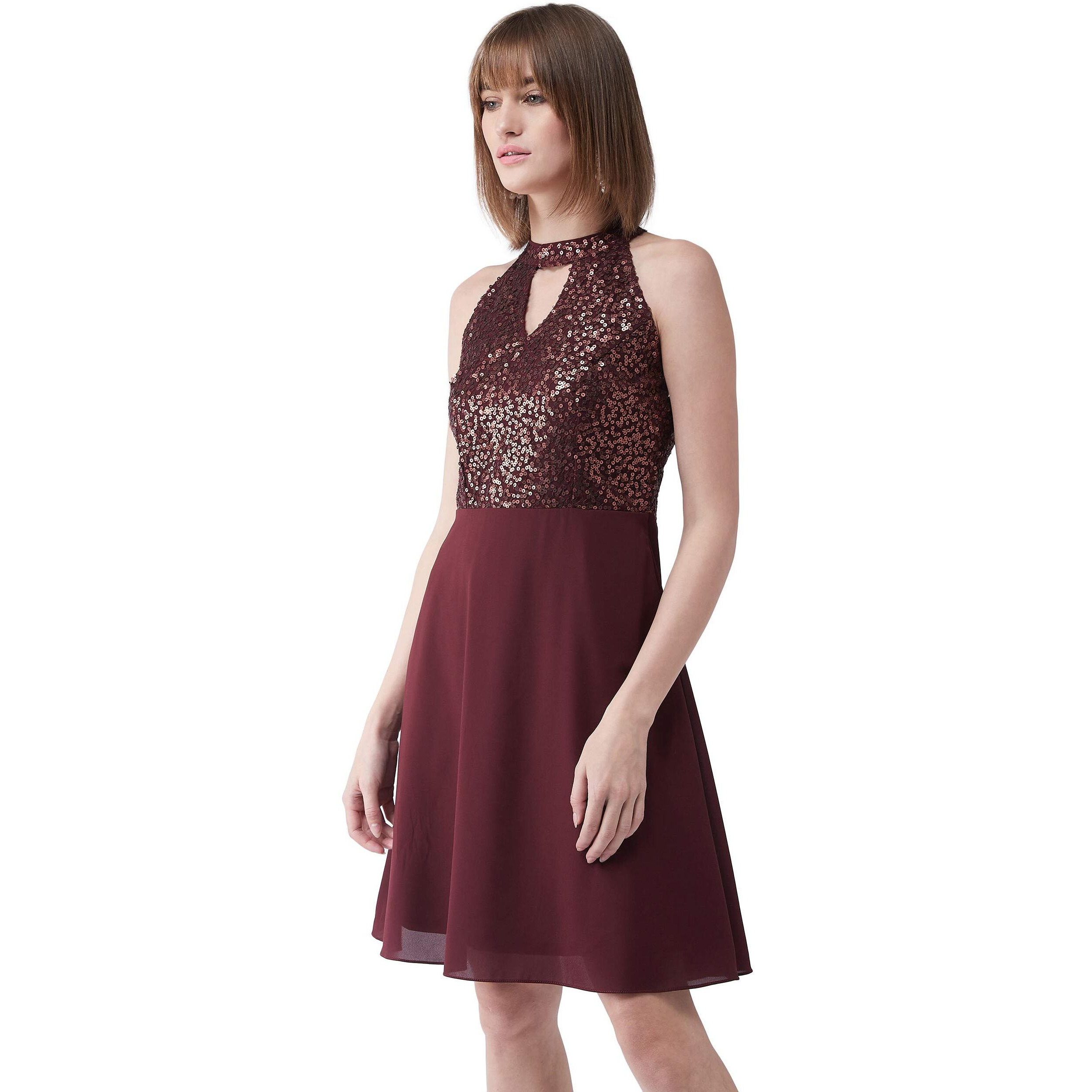 Miss Chase Women's Flowy Sequin Georgette Skater Dress(Mcss18D10-61-184-03,Wine Red,Small)