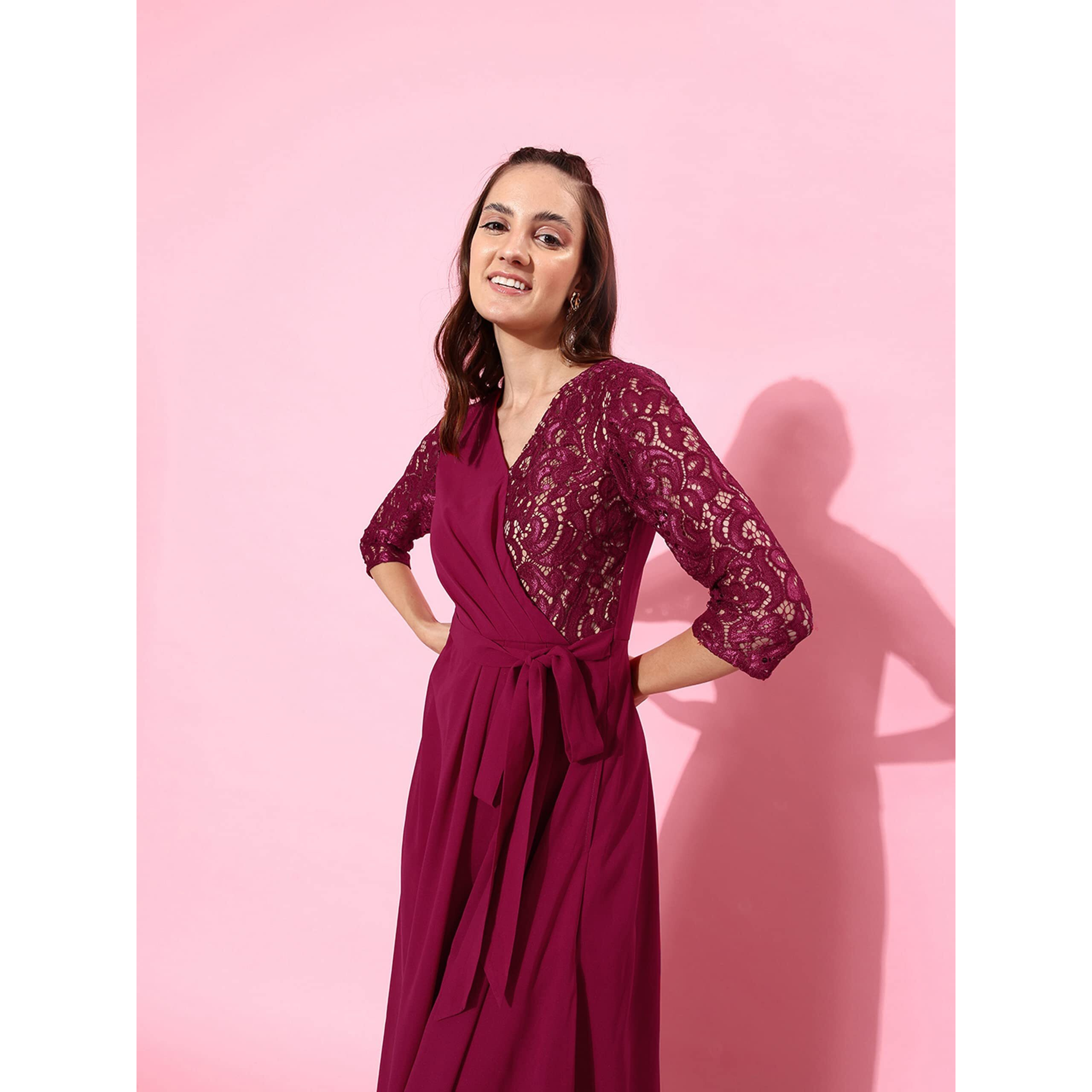 Miss Chase Women's Dark Pink V-Neck Three-Quarter Sleeve Self-Designed Wrap Maxi Georgette Dress (Mcaw22D06-53-23-06, Dark Pink, Xl)