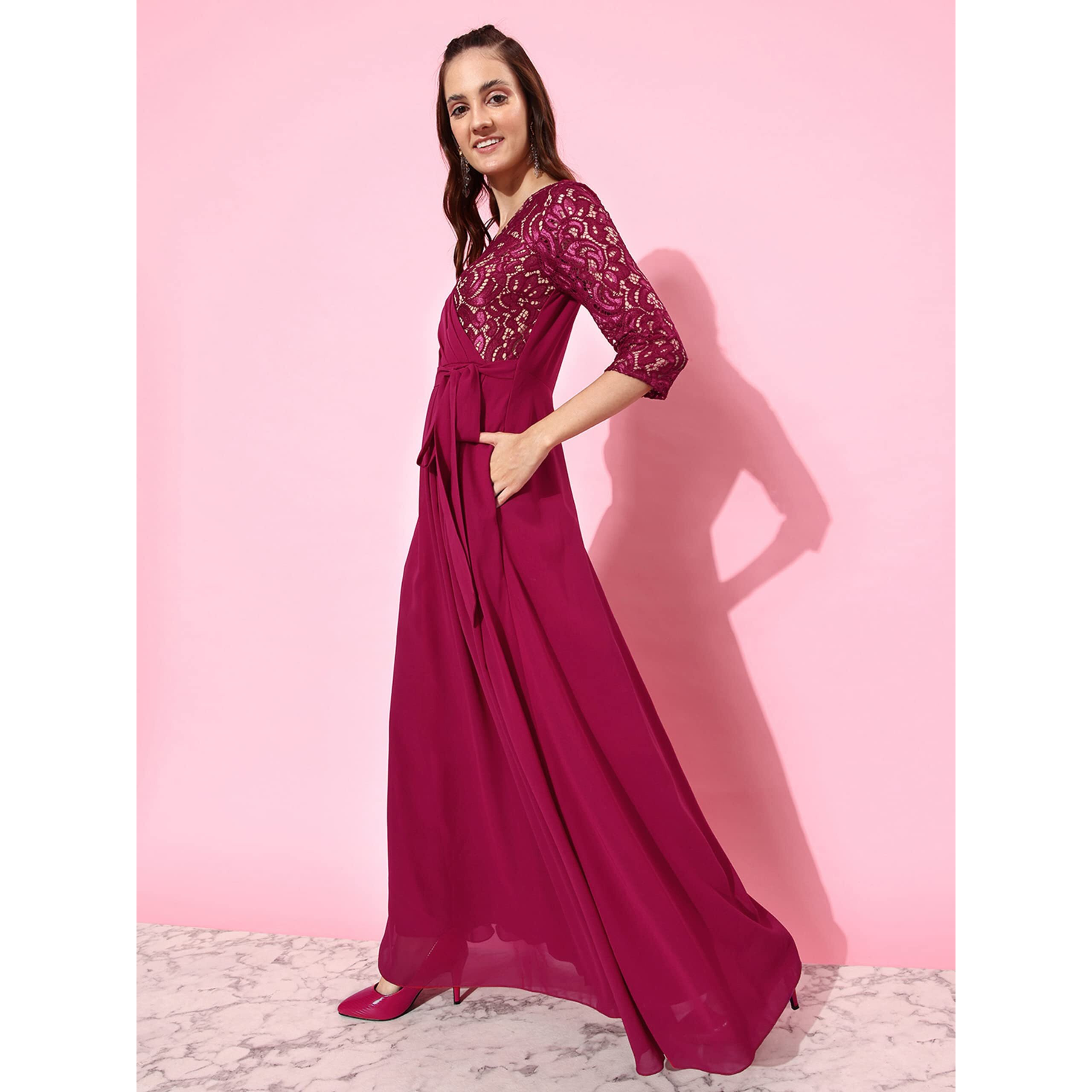 Miss Chase Women's Dark Pink V-Neck Three-Quarter Sleeve Self-Designed Wrap Maxi Georgette Dress (Mcaw22D06-53-23-06, Dark Pink, Xl)