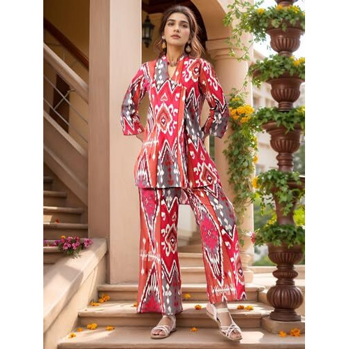 Nainvish Women's Deep Pink Printed Straight Rayon Blend V-Neck Co-Ord Set (Sd723_Kb-L_Deep Pink)