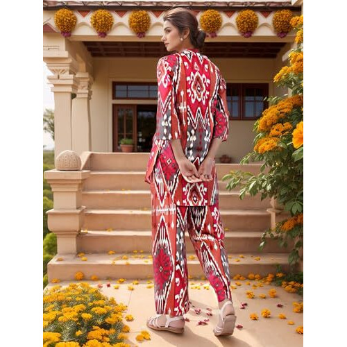 Nainvish Women's Deep Pink Printed Straight Rayon Blend V-Neck Co-Ord Set (Sd723_Kb-L_Deep Pink)