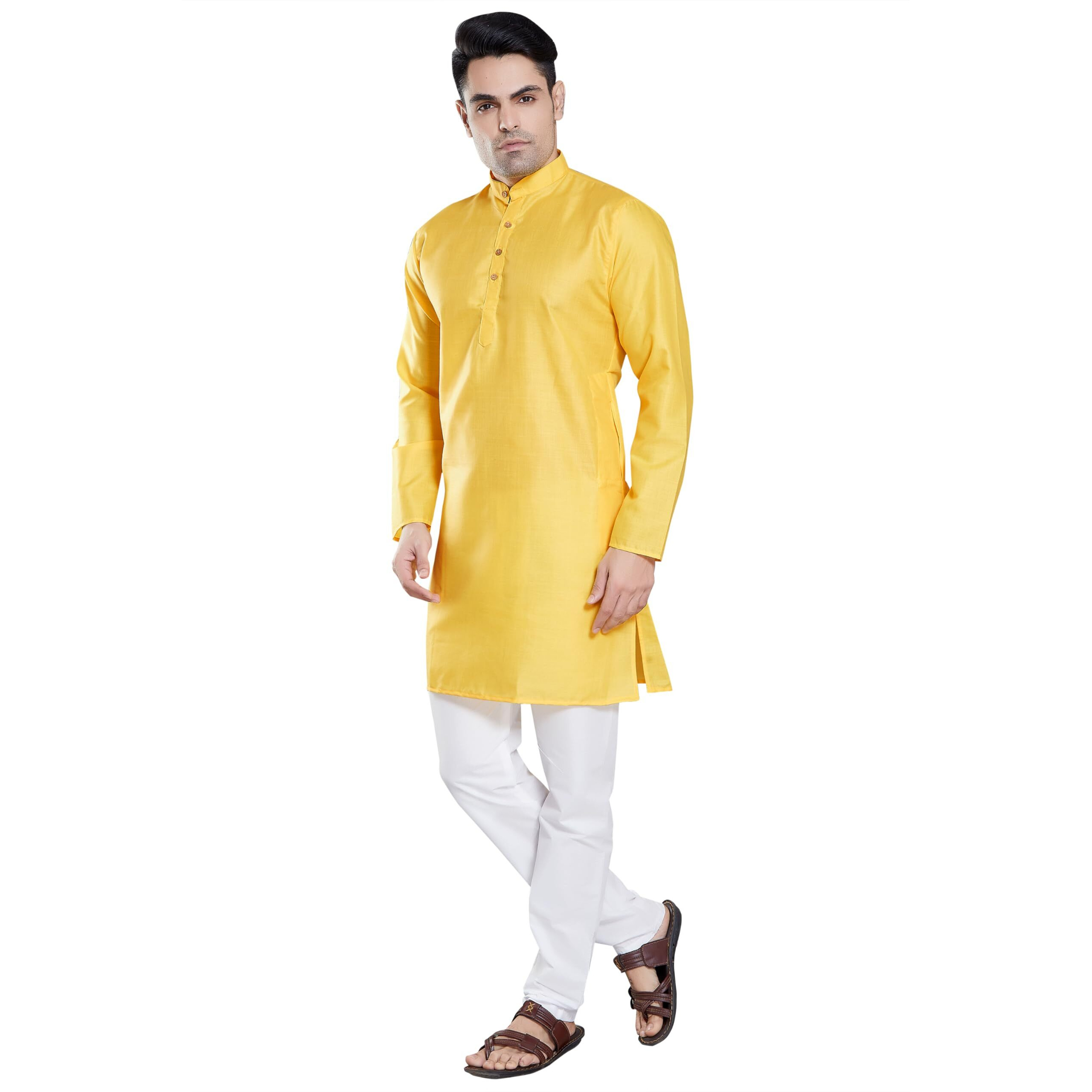 Divisive Men's Plain Cotton Blend Linen Slim Fit Kurta Pyjama Set (Dkrt72_Xl_Yellow)
