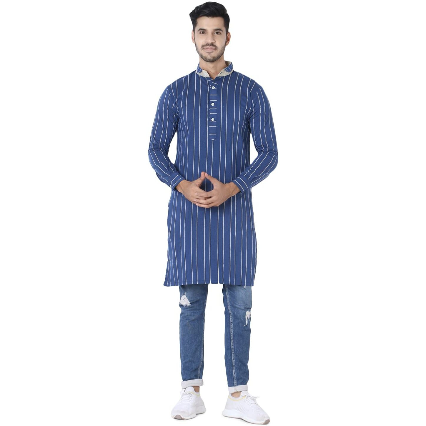 Om Sai Latest Creation Multicolored, Full Sleeve, Mandarin Collar, Paln Batik Long Printed Kurta For Men's (Blue, Medium)