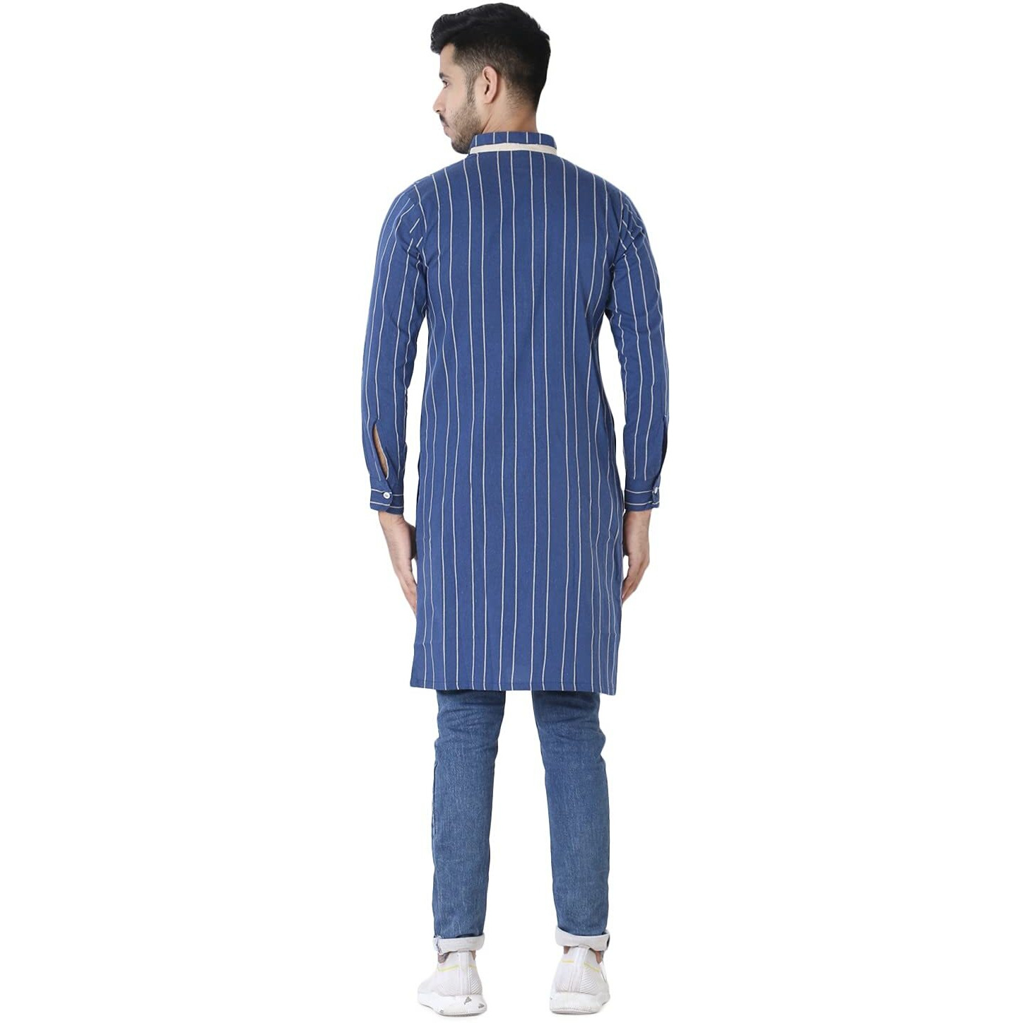 Om Sai Latest Creation Multicolored, Full Sleeve, Mandarin Collar, Paln Batik Long Printed Kurta For Men's (Blue, Medium)