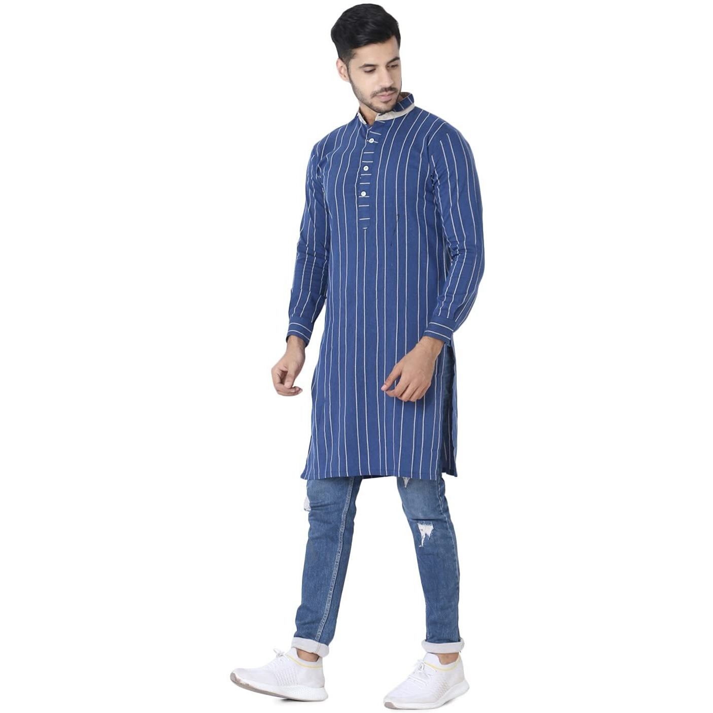 Om Sai Latest Creation Multicolored, Full Sleeve, Mandarin Collar, Paln Batik Long Printed Kurta For Men's (Blue, Medium)