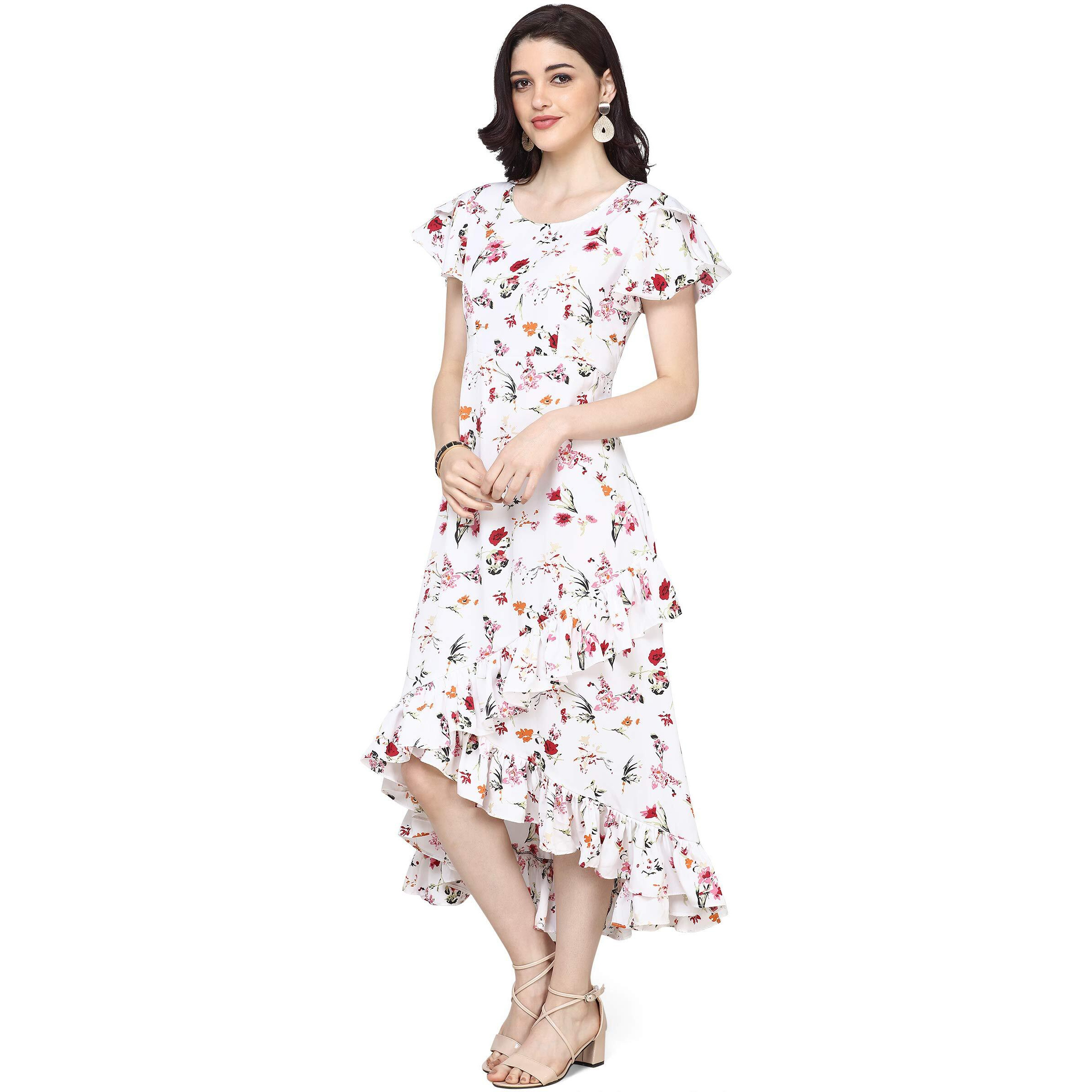 Oomph Dress For Women Stylish| Summer Vacation Style |Floral Print Wrap Maxi |Lightweight Flared Maxi Dress For Casual & Holiday Wear White